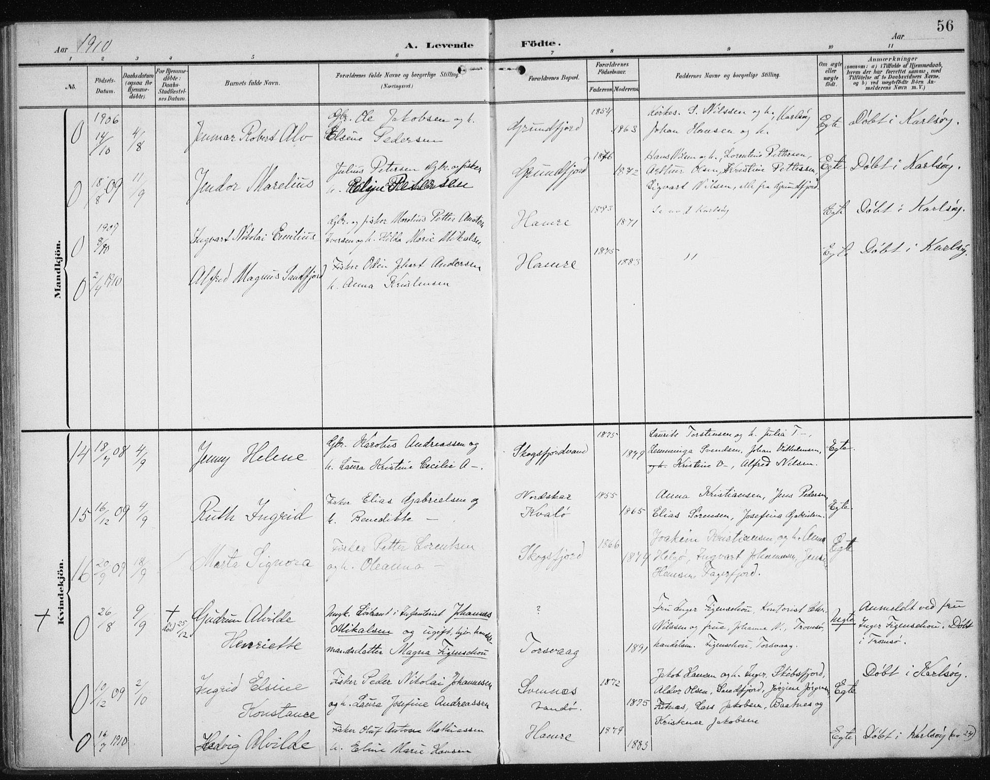 Karlsøy sokneprestembete, SATØ/S-1299/H/Ha/Haa/L0013kirke: Parish register (official) no. 13, 1902-1916, p. 56