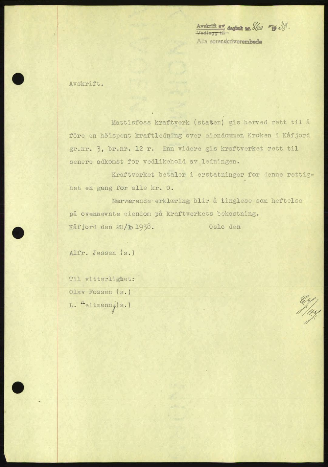 Alta fogderi/sorenskriveri, SATØ/SATØ-5/1/K/Kd/L0031pantebok: Mortgage book no. 31, 1938-1939, Diary no: : 860/1938