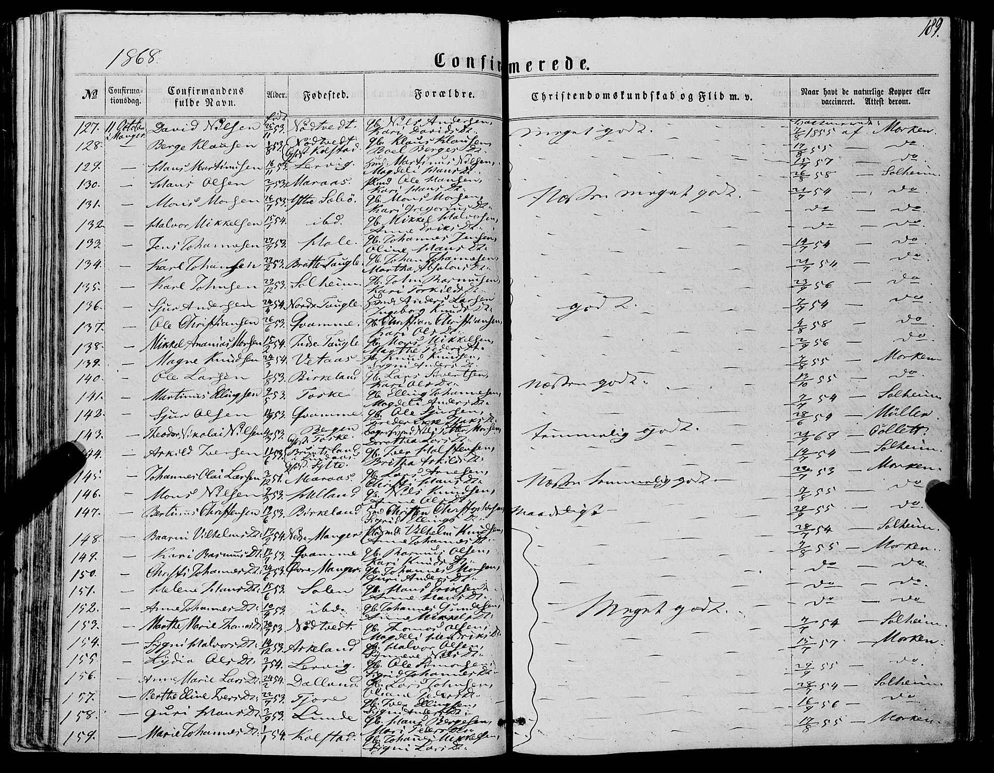 Manger sokneprestembete, AV/SAB-A-76801/H/Haa: Parish register (official) no. A 7, 1860-1870, p. 189