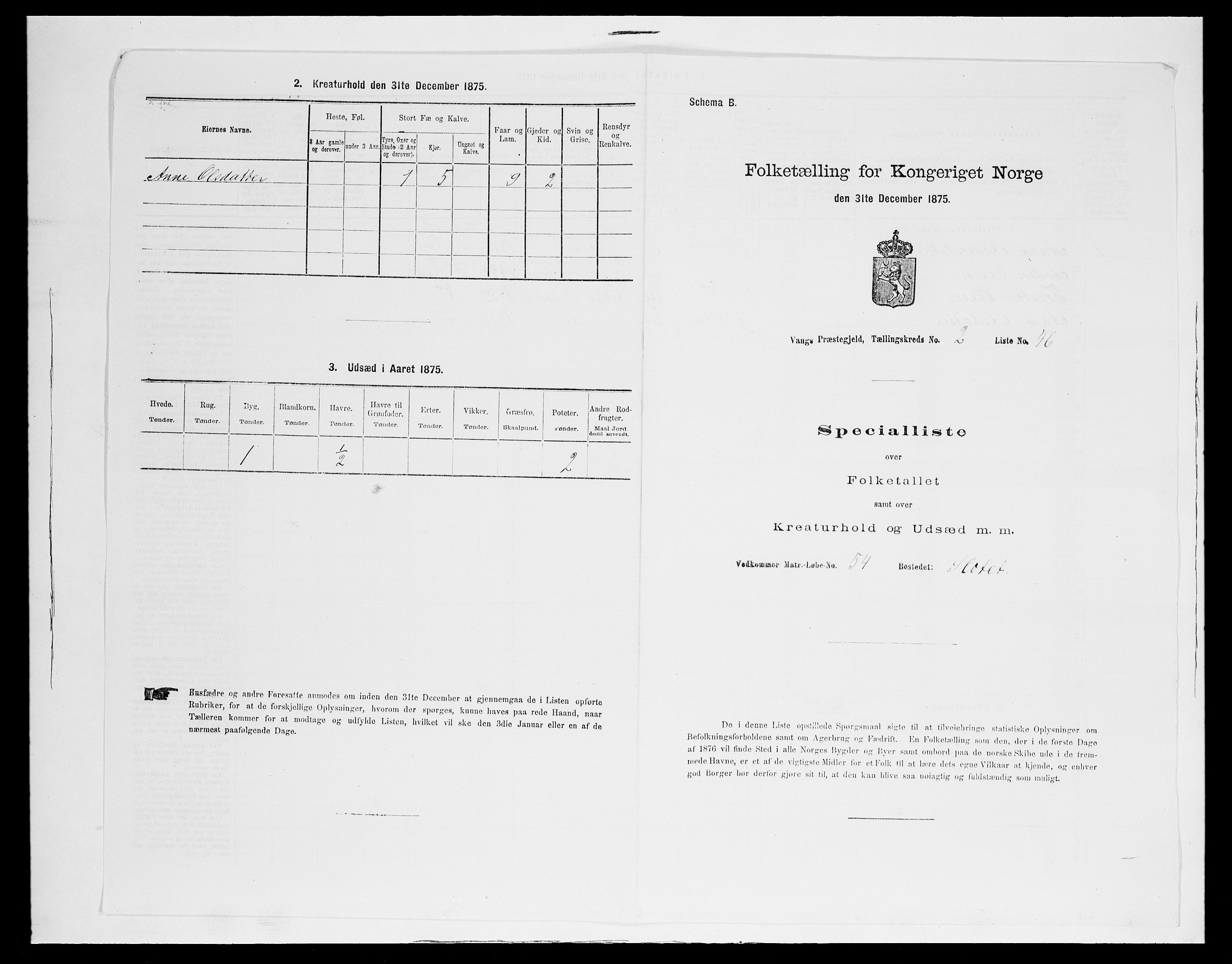 SAH, 1875 census for 0545P Vang, 1875, p. 257