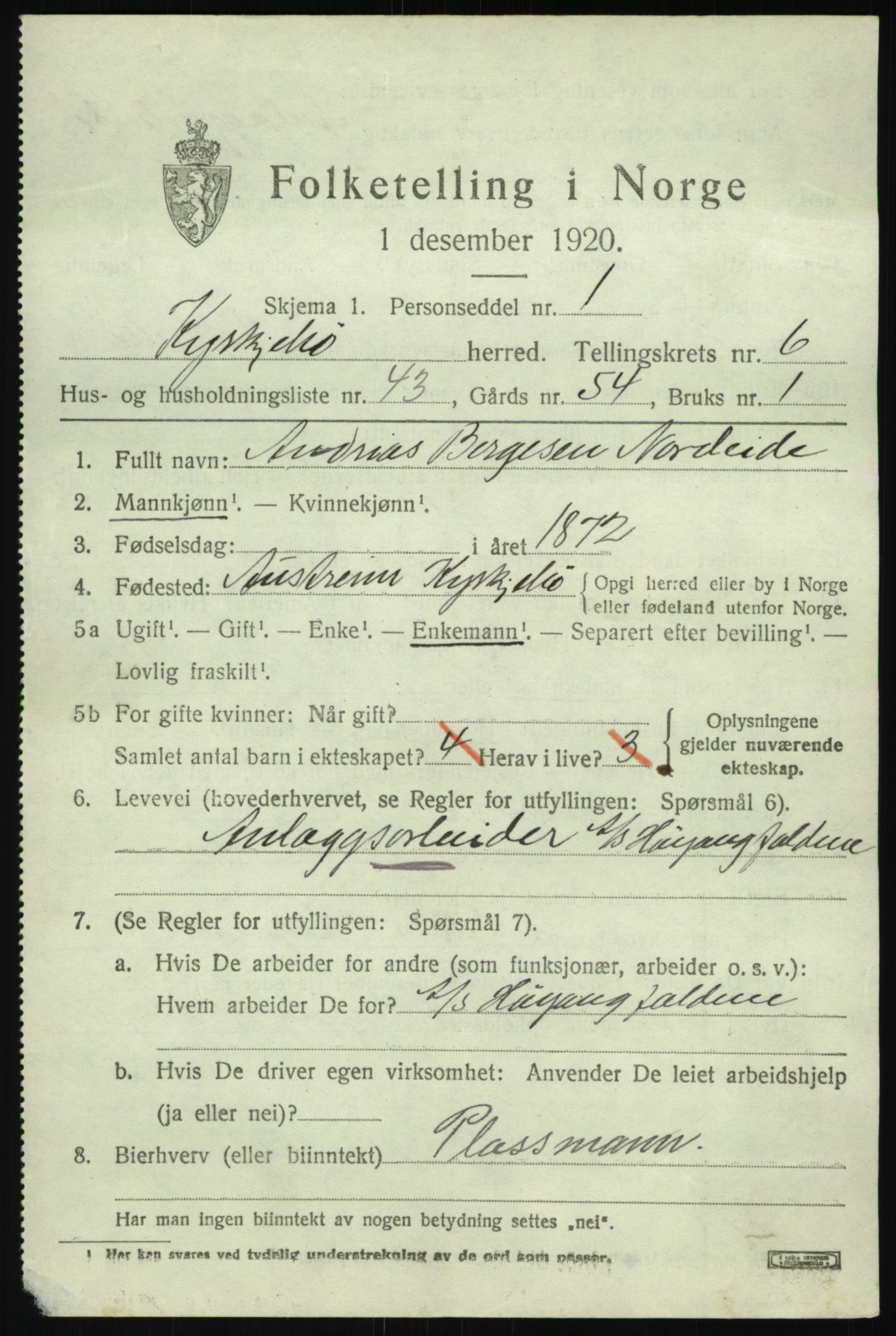 SAB, 1920 census for Kyrkjebø, 1920, p. 3455