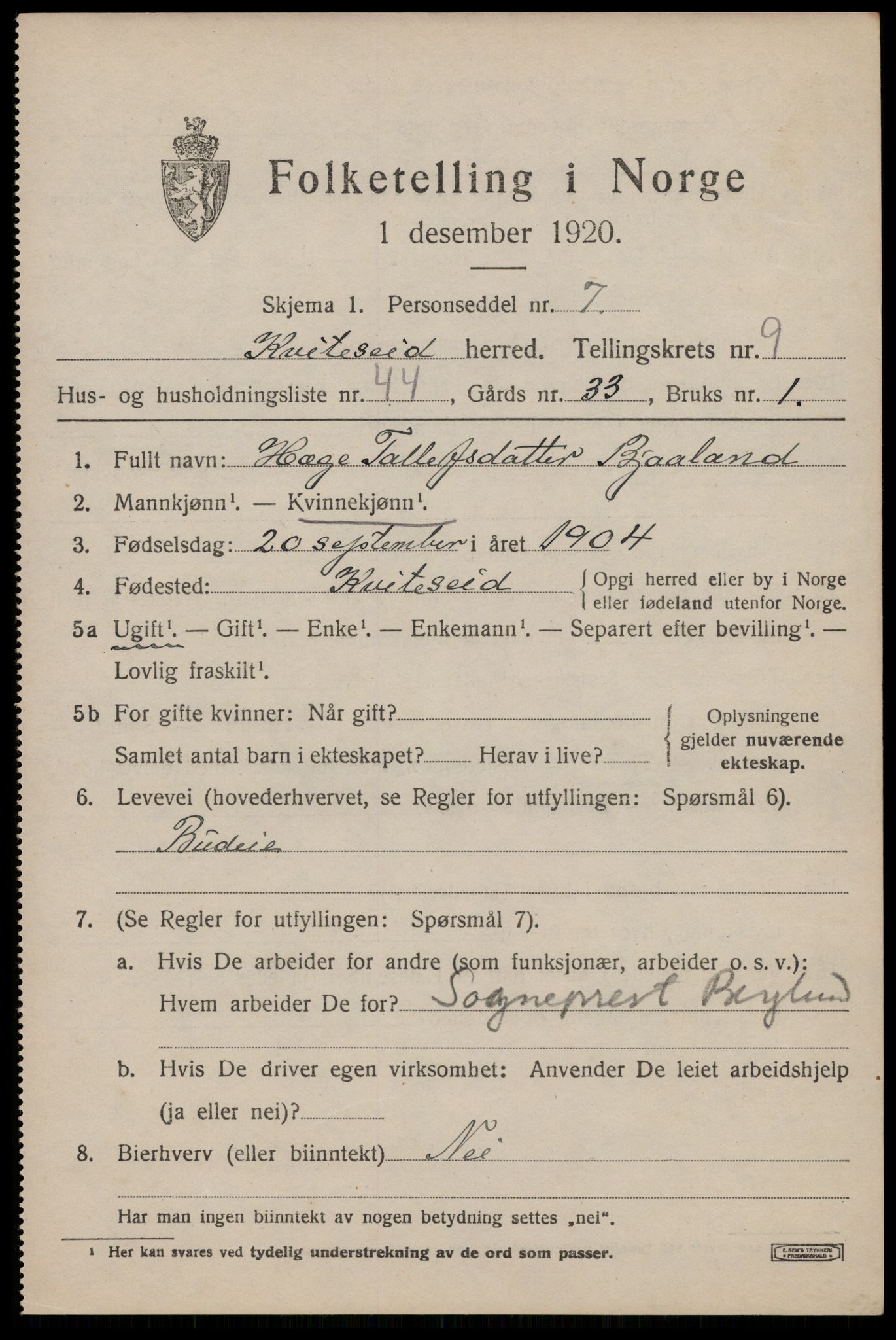 SAKO, 1920 census for Kviteseid, 1920, p. 4661