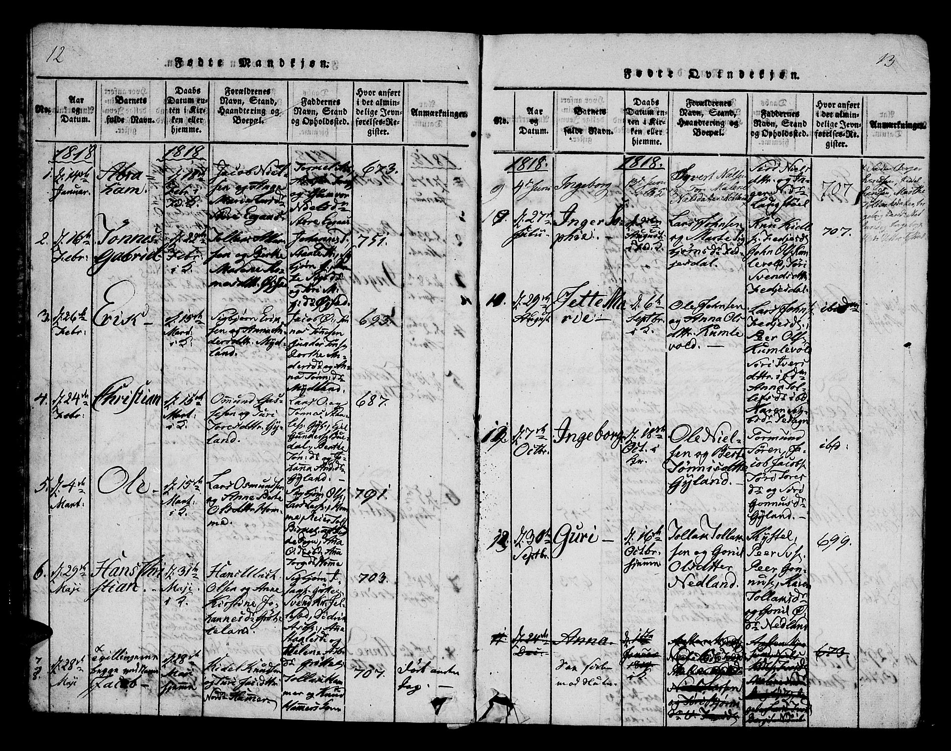 Bakke sokneprestkontor, SAK/1111-0002/F/Fa/Fab/L0001: Parish register (official) no. A 1, 1815-1835, p. 12-13