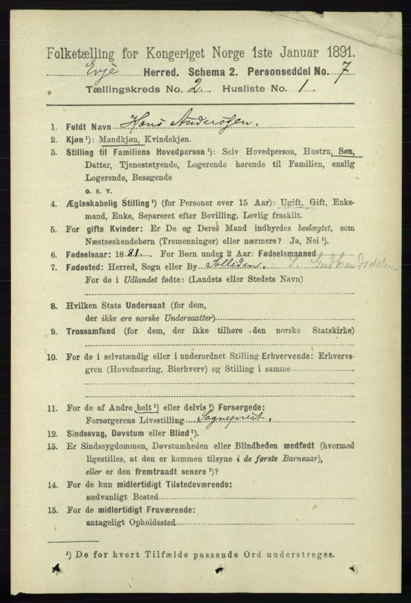 RA, 1891 census for 0937 Evje, 1891, p. 377