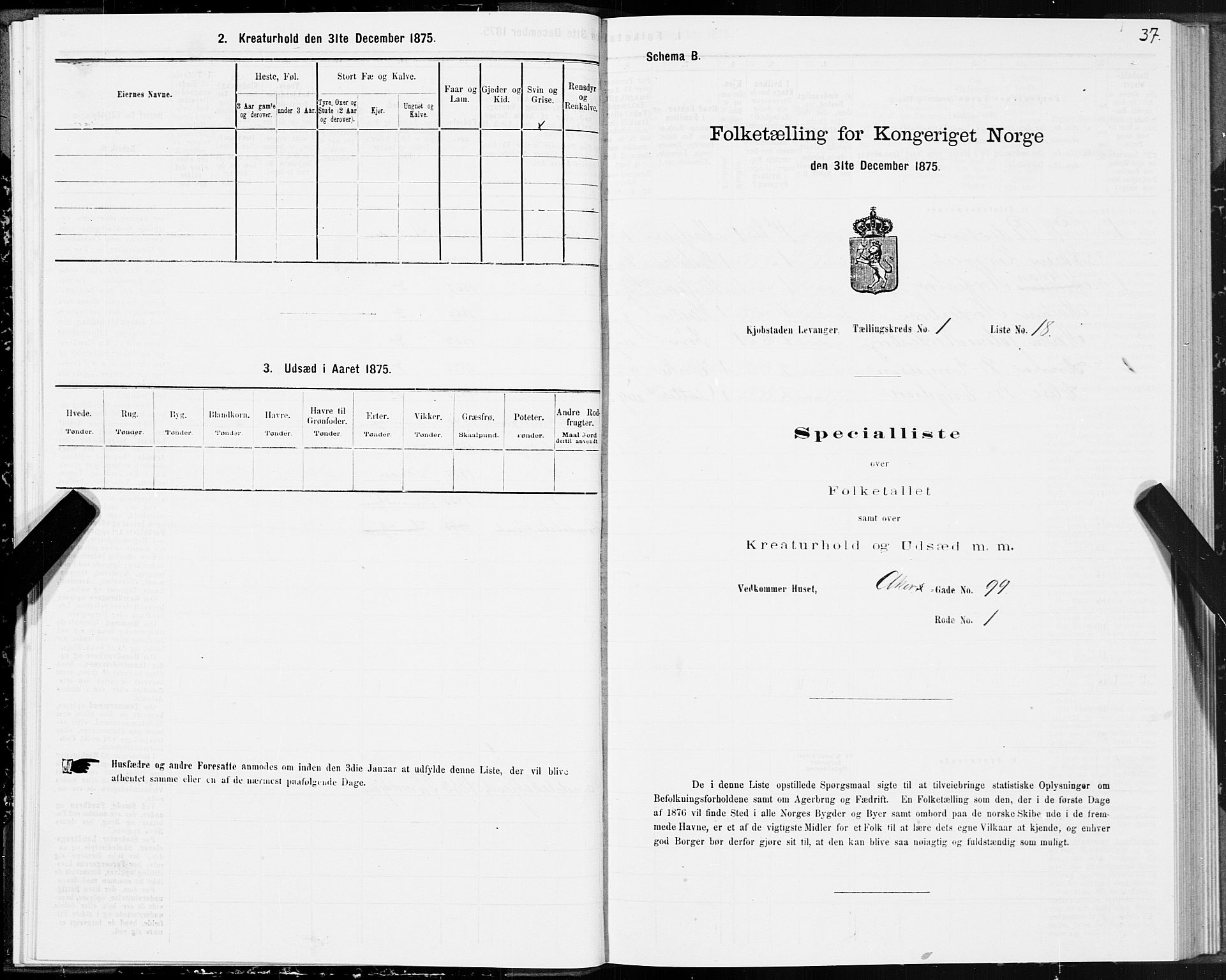 SAT, 1875 census for 1701B Levanger/Levanger, 1875, p. 37