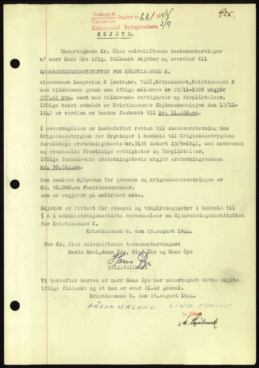 Kristiansund byfogd, AV/SAT-A-4587/A/27: Mortgage book no. 34, 1941-1945, Diary no: : 661/1944