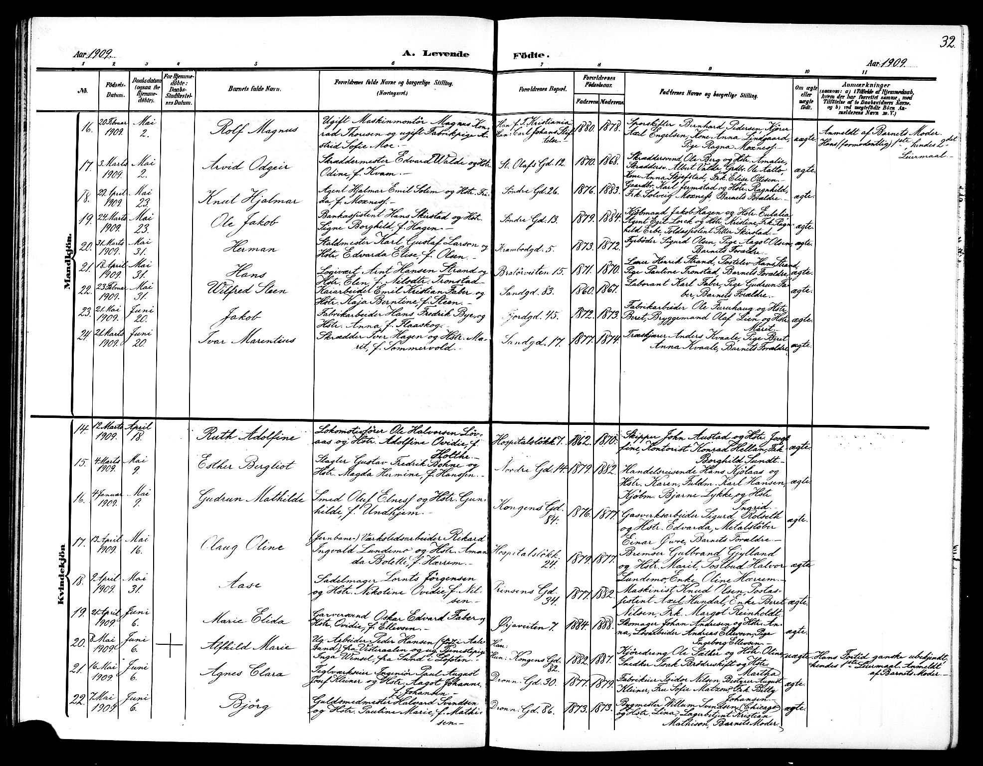 Ministerialprotokoller, klokkerbøker og fødselsregistre - Sør-Trøndelag, AV/SAT-A-1456/602/L0146: Parish register (copy) no. 602C14, 1904-1914, p. 32