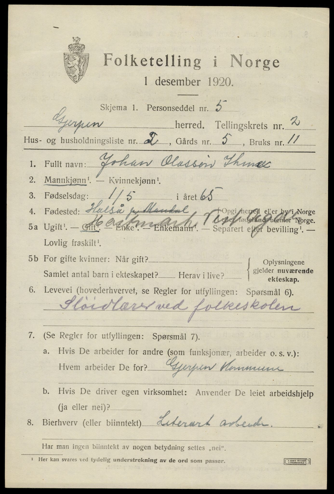 SAKO, 1920 census for Gjerpen, 1920, p. 4092