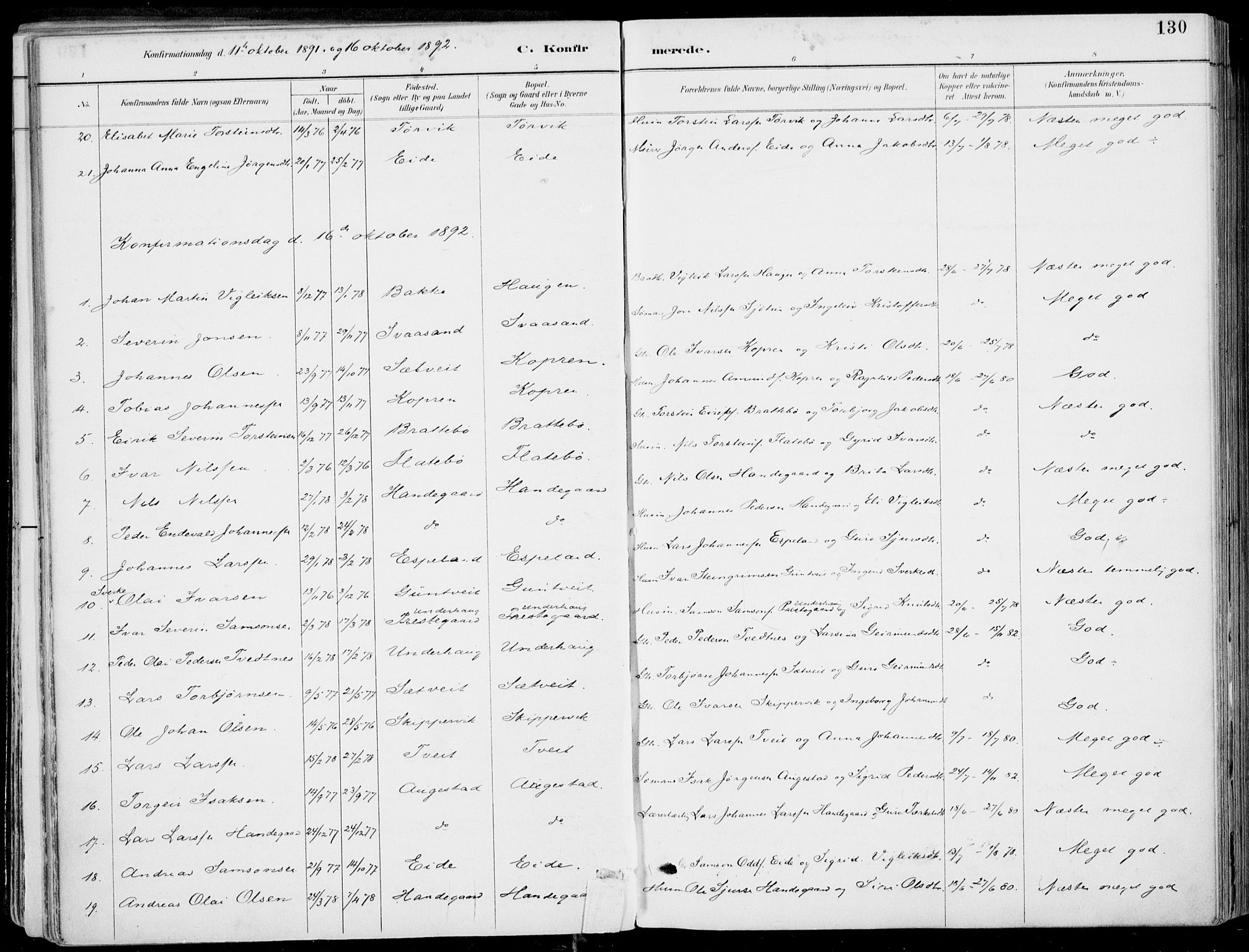 Strandebarm sokneprestembete, SAB/A-78401/H/Haa: Parish register (official) no. E  1, 1886-1908, p. 130