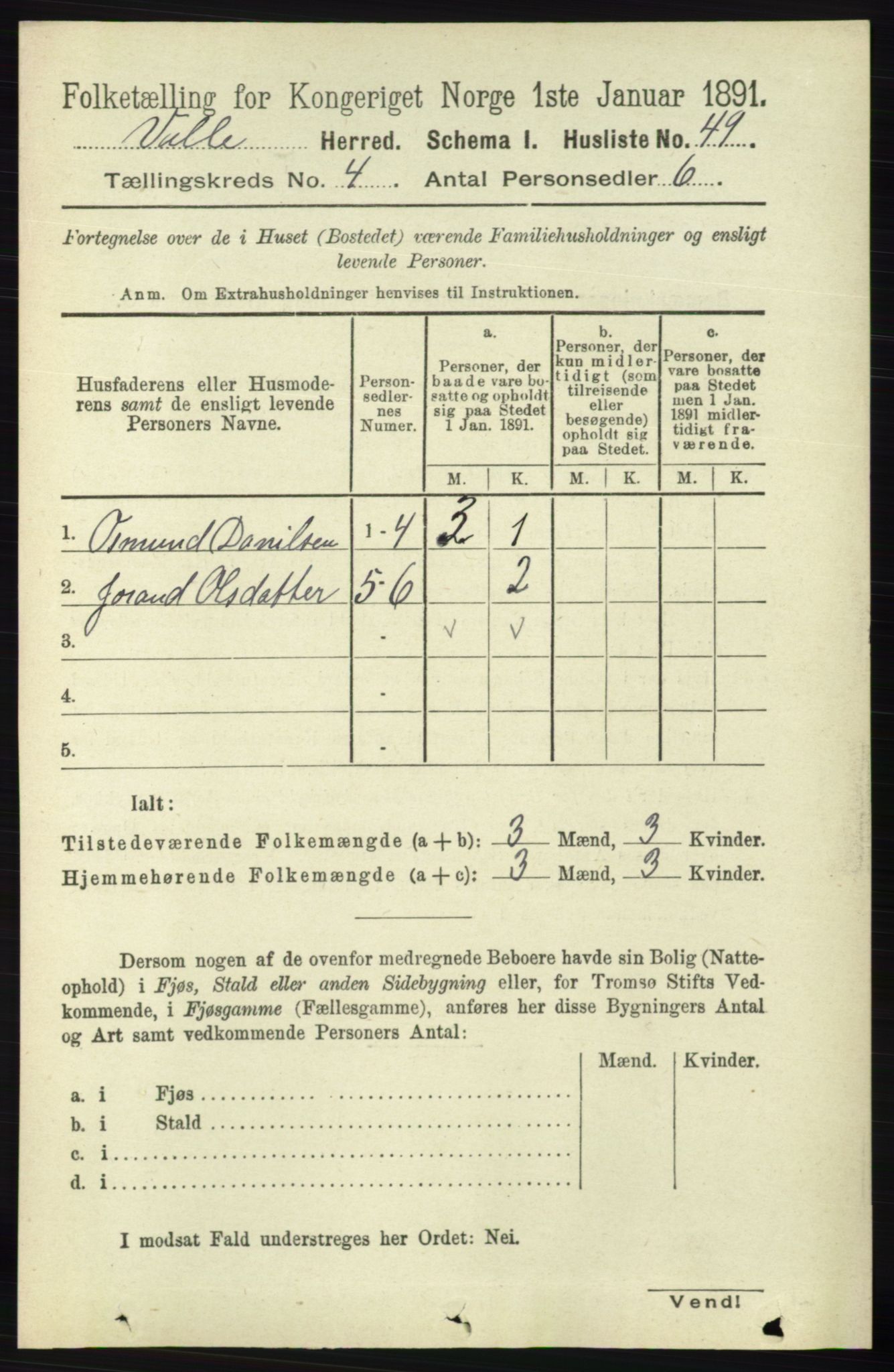 RA, 1891 census for 0940 Valle, 1891, p. 1000