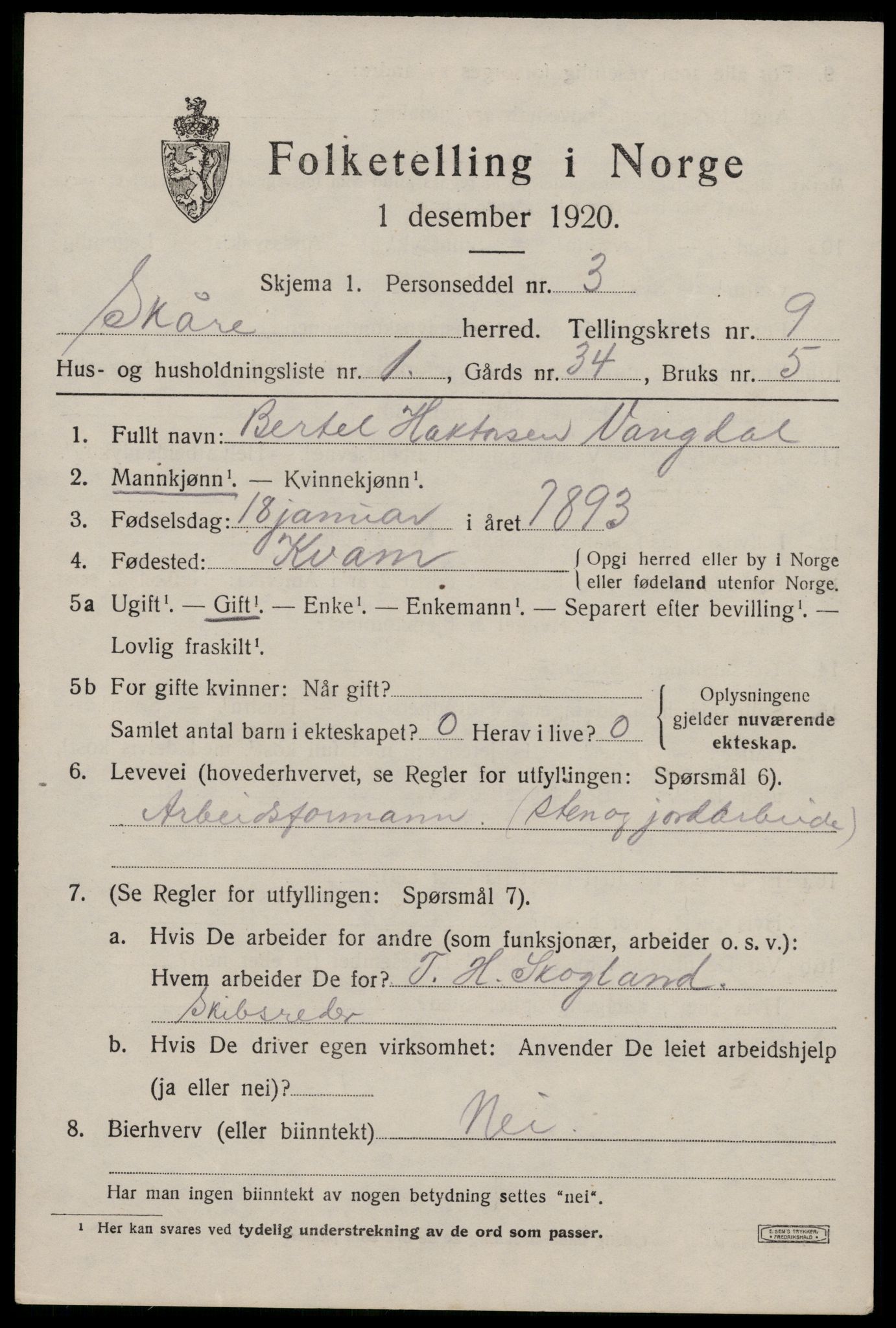 SAST, 1920 census for Skåre, 1920, p. 6834