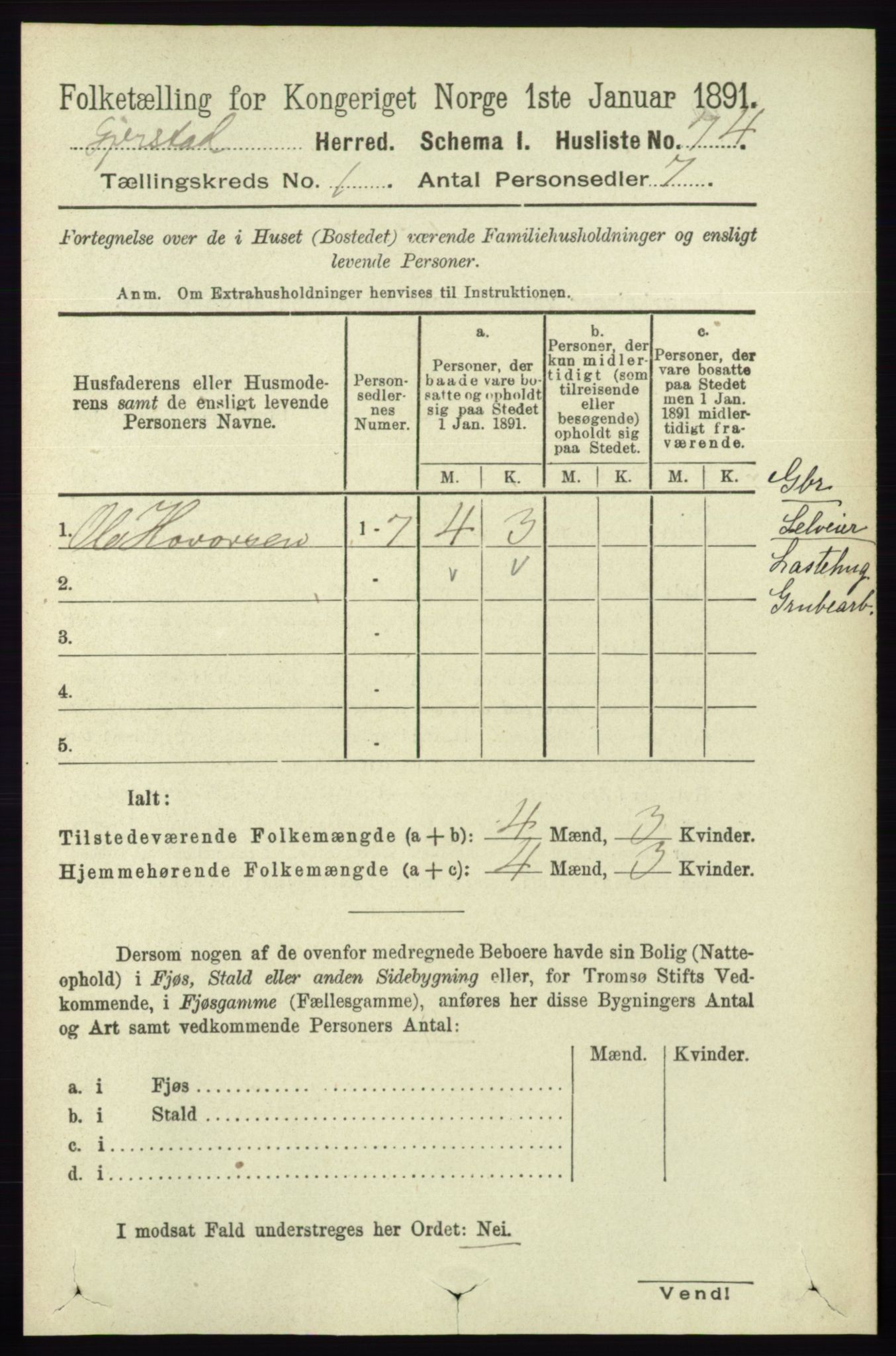 RA, 1891 census for 0911 Gjerstad, 1891, p. 95