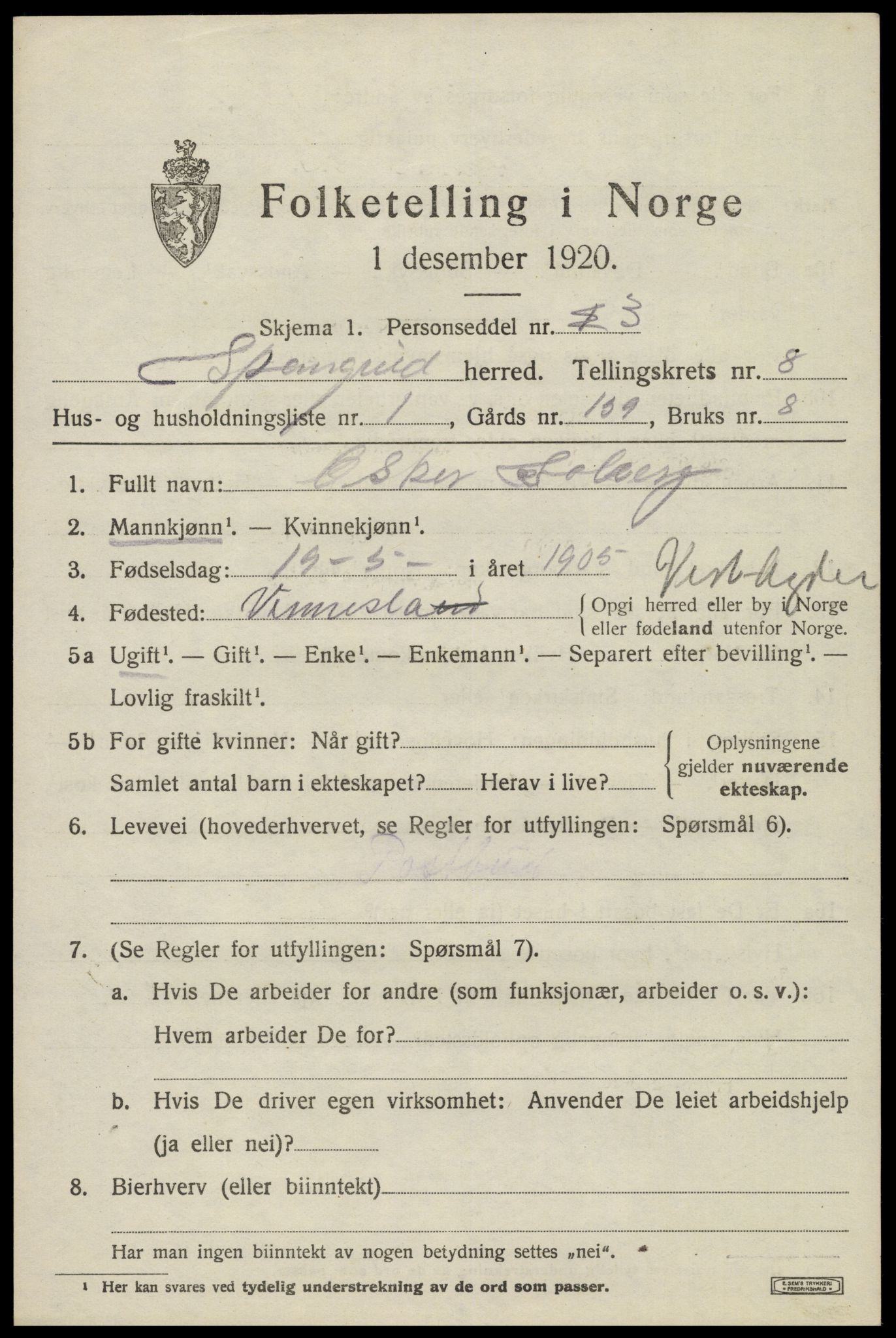 SAK, 1920 census for Spangereid, 1920, p. 2867