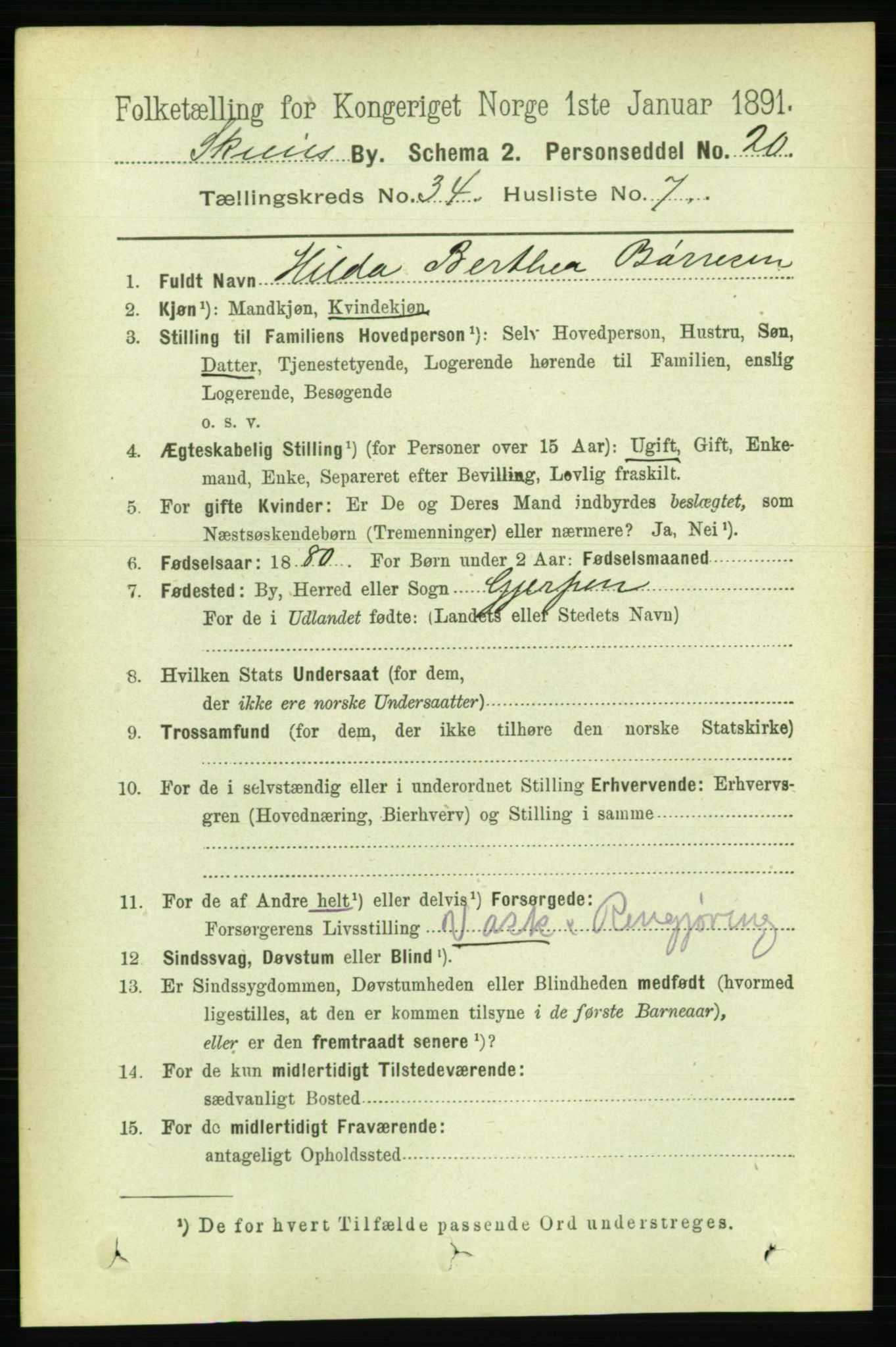 RA, 1891 census for 0806 Skien, 1891, p. 7801