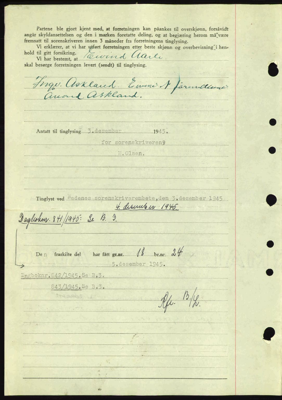 Nedenes sorenskriveri, SAK/1221-0006/G/Gb/Gba/L0053: Mortgage book no. A6b, 1945-1945, Diary no: : 842/1945