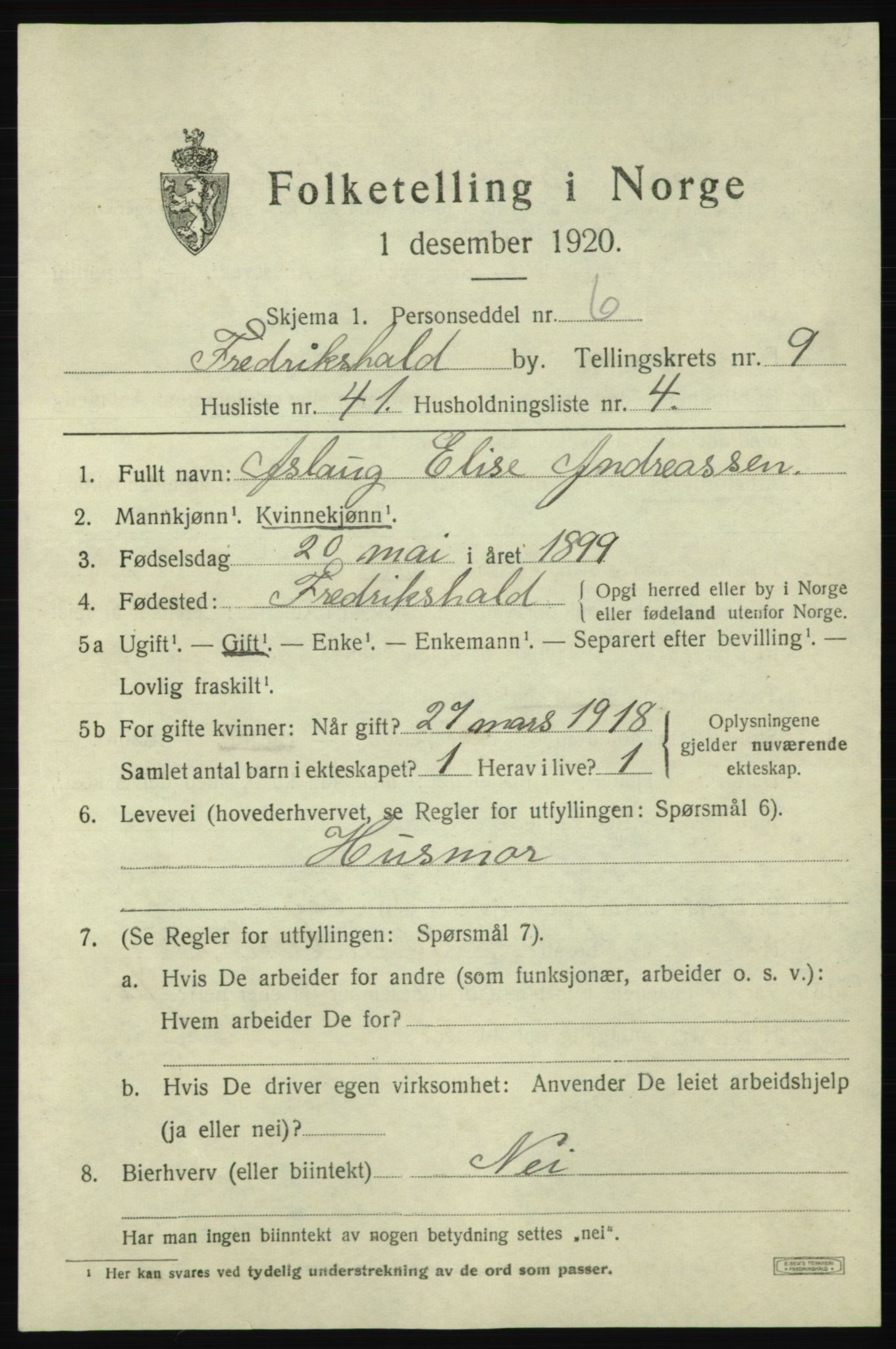 SAO, 1920 census for Fredrikshald, 1920, p. 16837