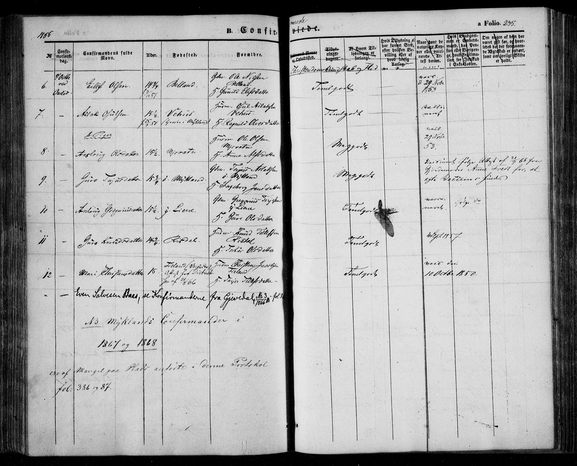 Åmli sokneprestkontor, AV/SAK-1111-0050/F/Fa/Fac/L0008: Parish register (official) no. A 8, 1852-1869, p. 235