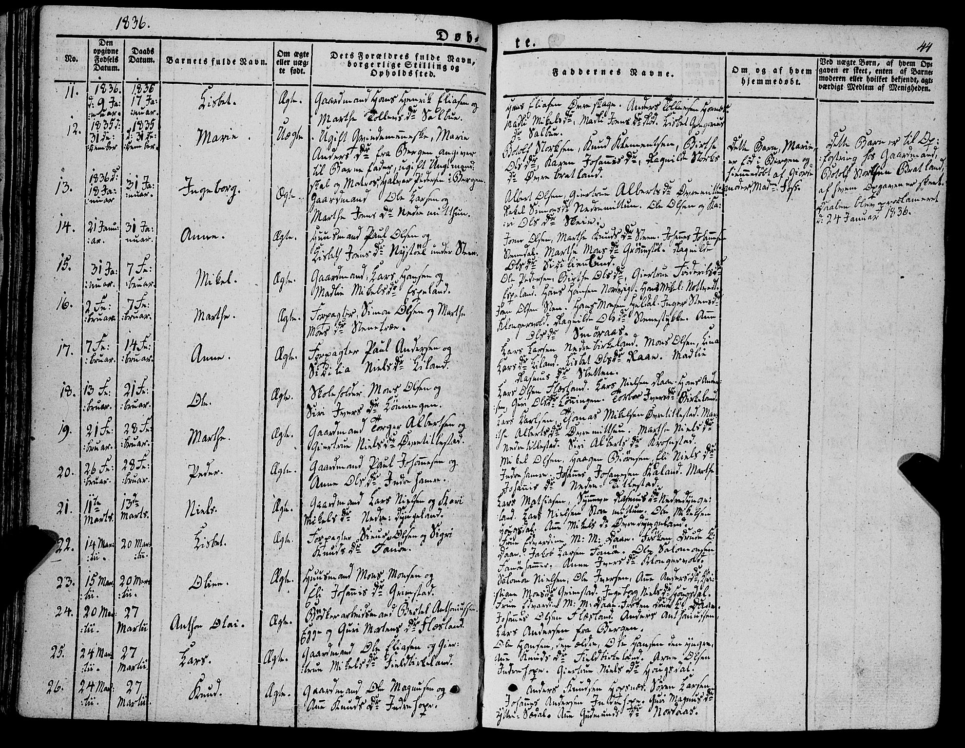 Fana Sokneprestembete, AV/SAB-A-75101/H/Haa/Haaa/L0008: Parish register (official) no. A 8, 1829-1851, p. 44