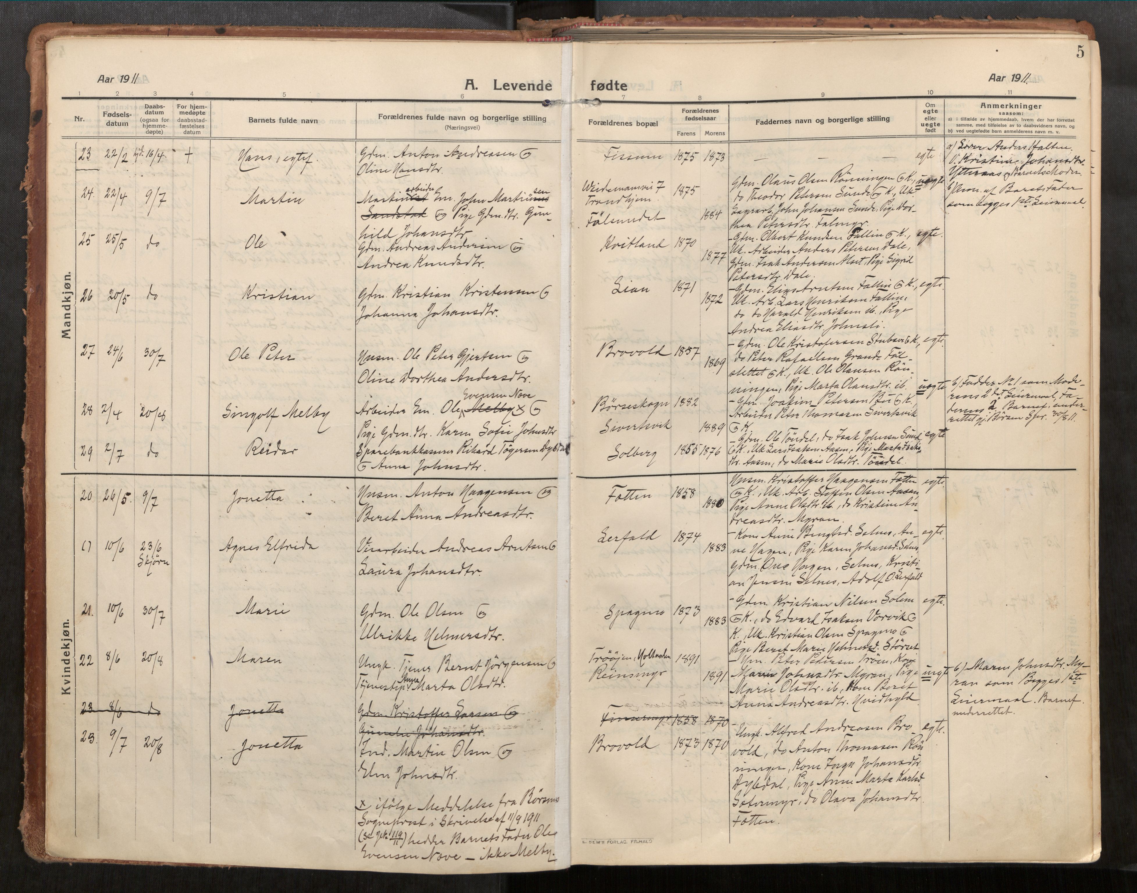 Stadsbygd sokneprestkontor, AV/SAT-A-1117/1/I/I1/I1a/L0001: Parish register (official) no. 1, 1911-1929, p. 5