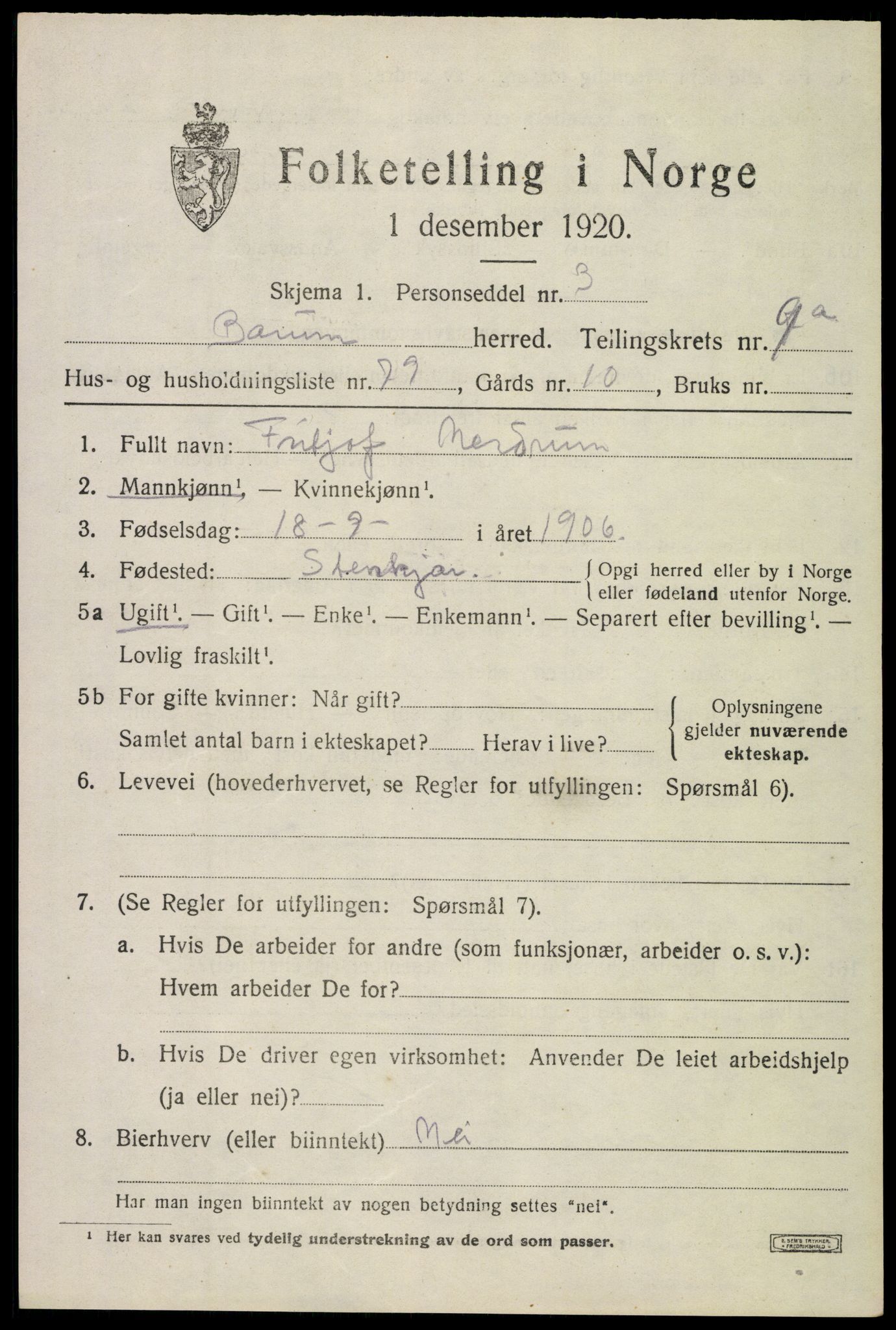 SAO, 1920 census for Bærum, 1920, p. 20024