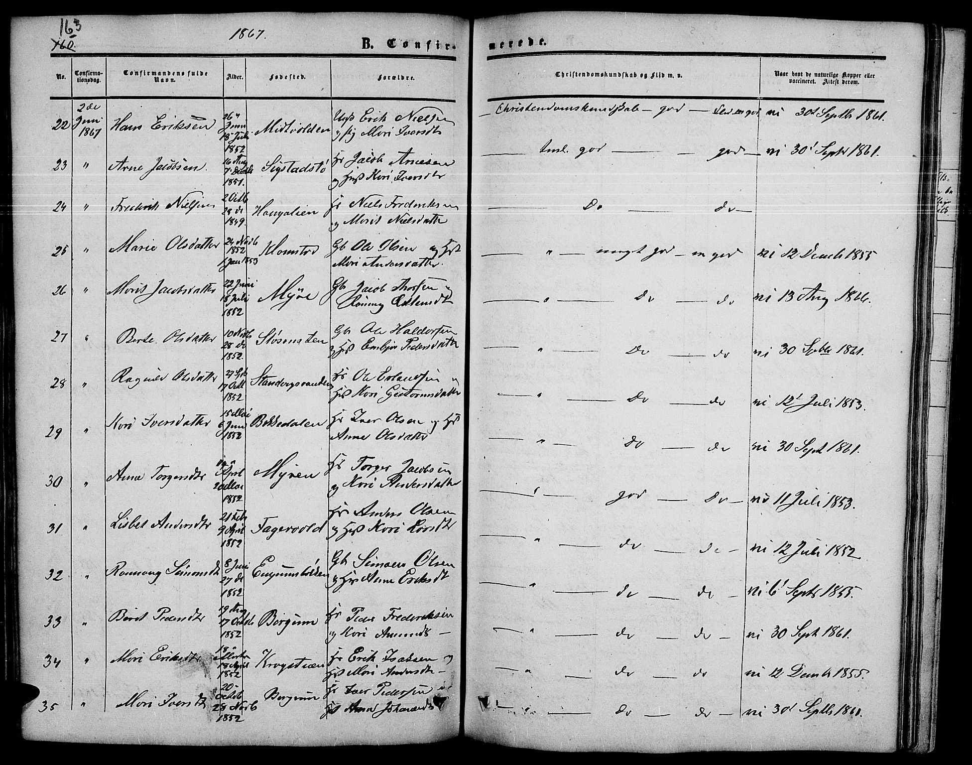 Nord-Fron prestekontor, SAH/PREST-080/H/Ha/Hab/L0003: Parish register (copy) no. 3, 1851-1886, p. 163