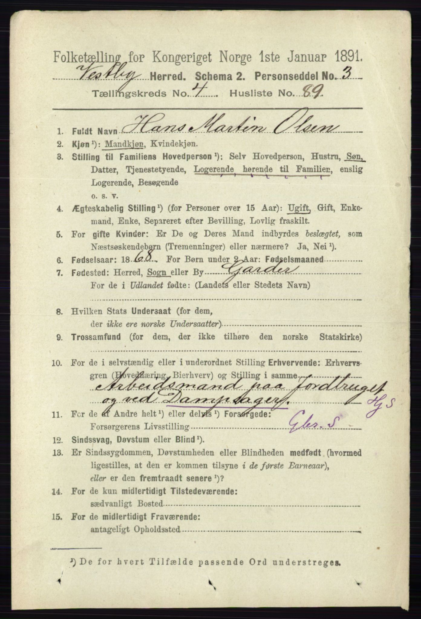 RA, 1891 census for 0211 Vestby, 1891, p. 2041