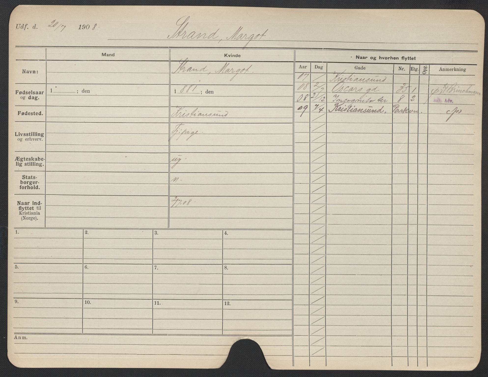 Oslo folkeregister, Registerkort, AV/SAO-A-11715/F/Fa/Fac/L0024: Kvinner, 1906-1914, p. 399a