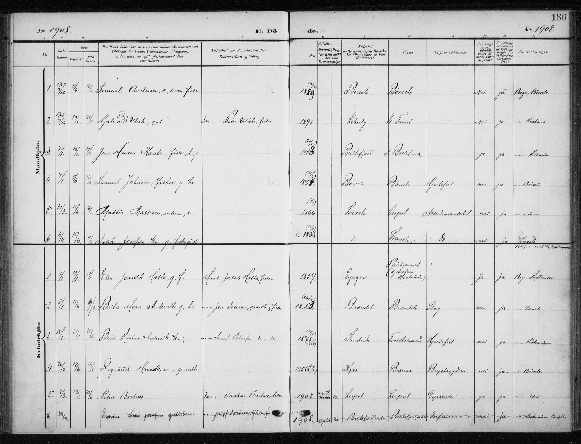 Kistrand/Porsanger sokneprestembete, SATØ/S-1351/H/Ha/L0014.kirke: Parish register (official) no. 14, 1908-1917, p. 186