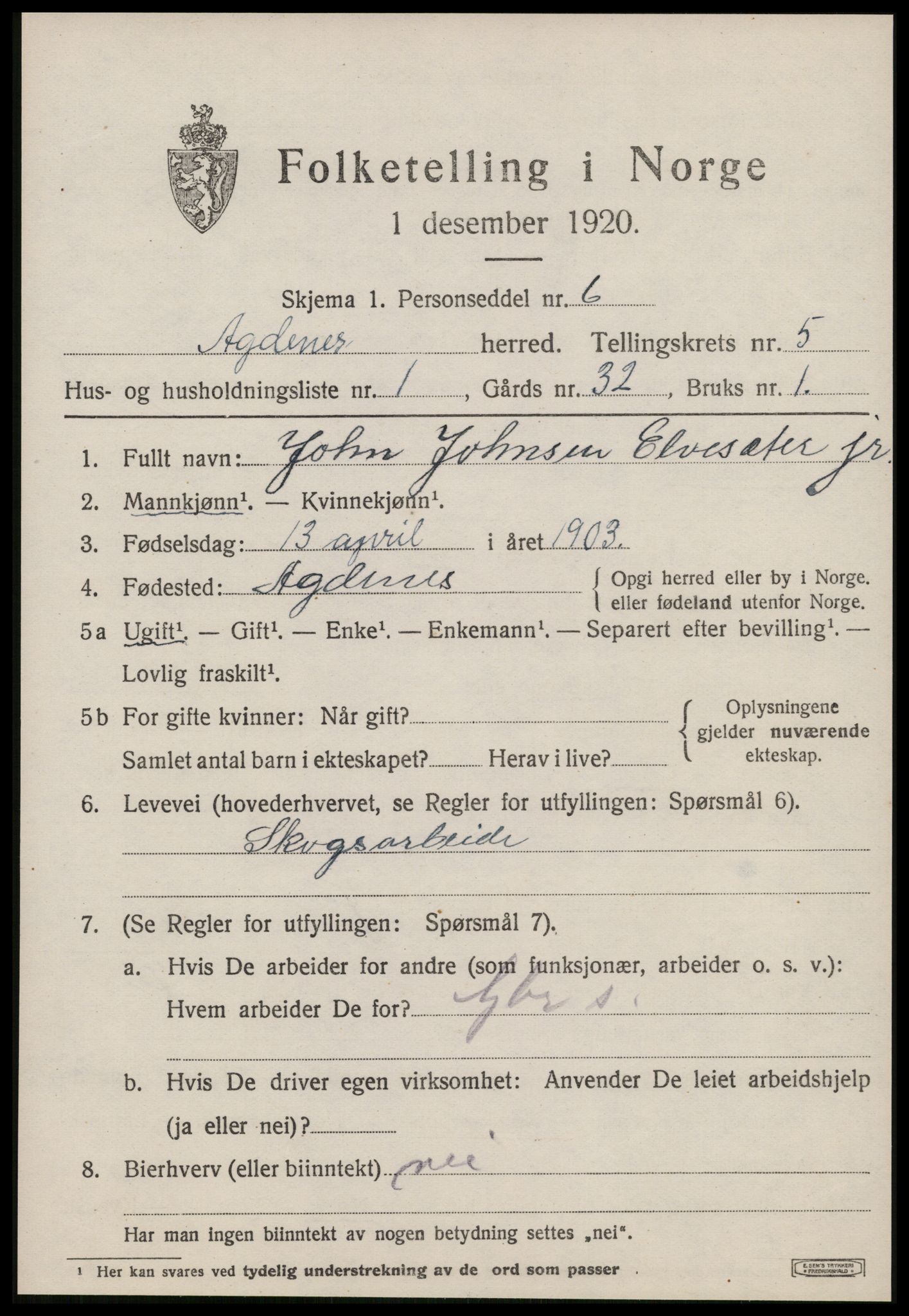 SAT, 1920 census for Agdenes, 1920, p. 2275