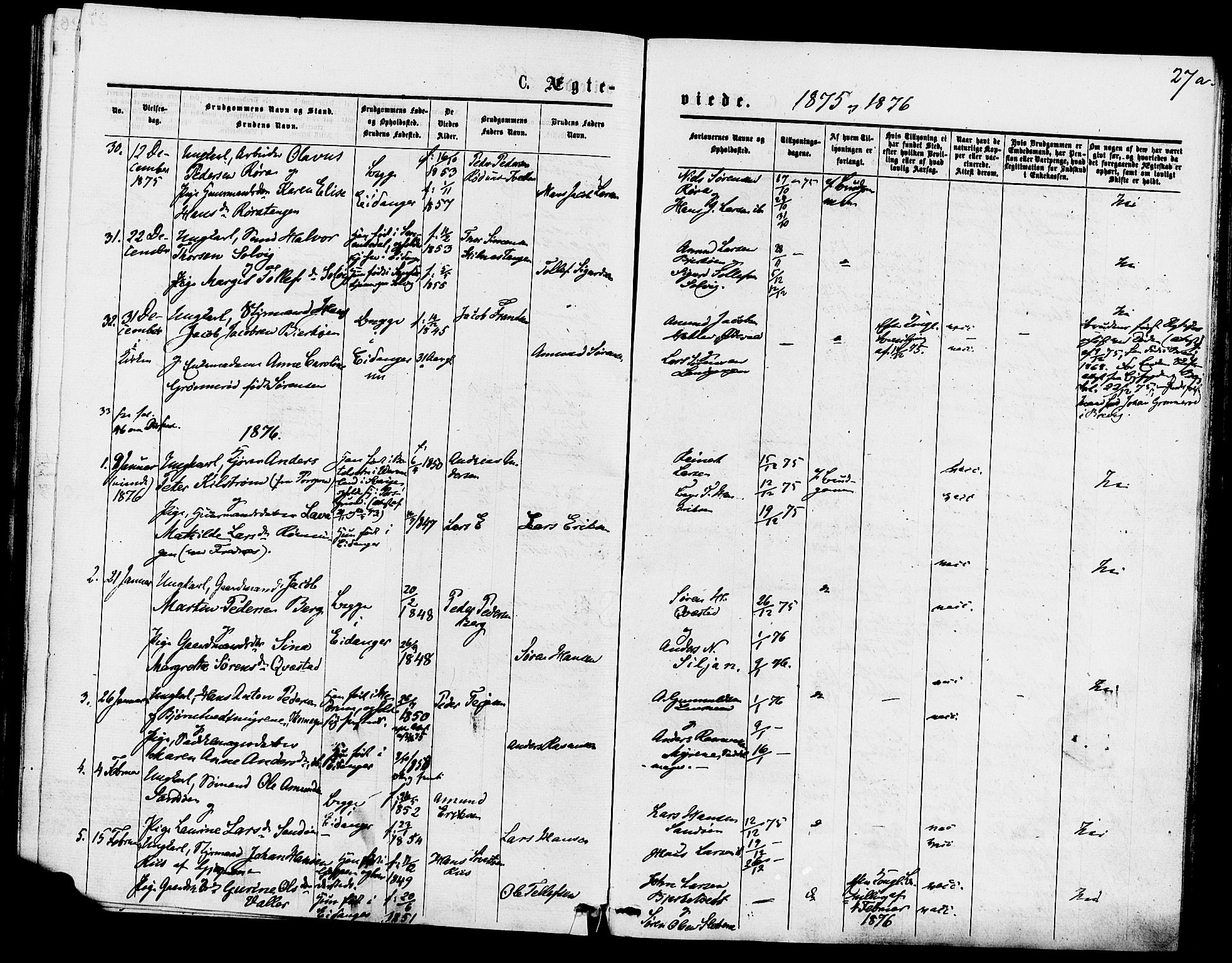 Eidanger kirkebøker, AV/SAKO-A-261/F/Fa/L0011: Parish register (official) no. 11, 1875-1878, p. 27