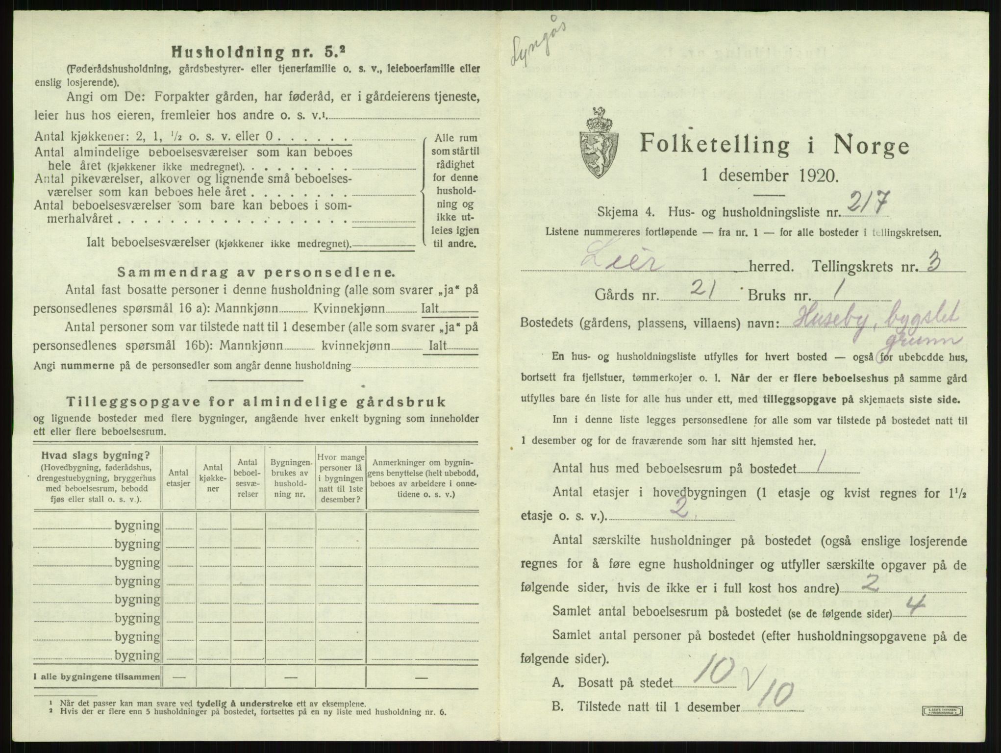 SAKO, 1920 census for Lier, 1920, p. 829