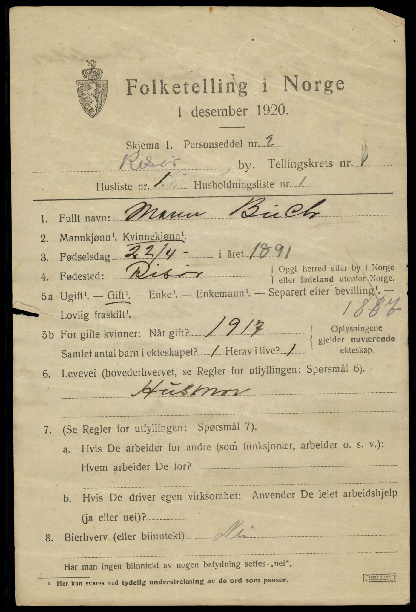 SAK, 1920 census for Risør, 1920, p. 3049