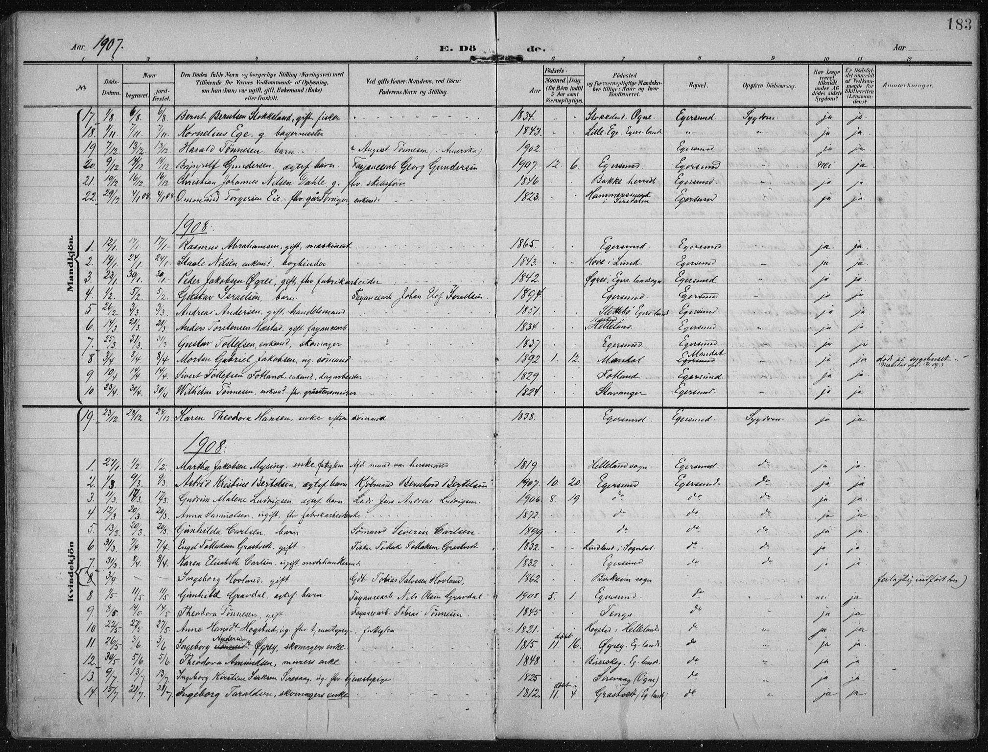 Eigersund sokneprestkontor, AV/SAST-A-101807/001/30/30BA/L0022: Parish register (official) no. A 21, 1905-1928, p. 183