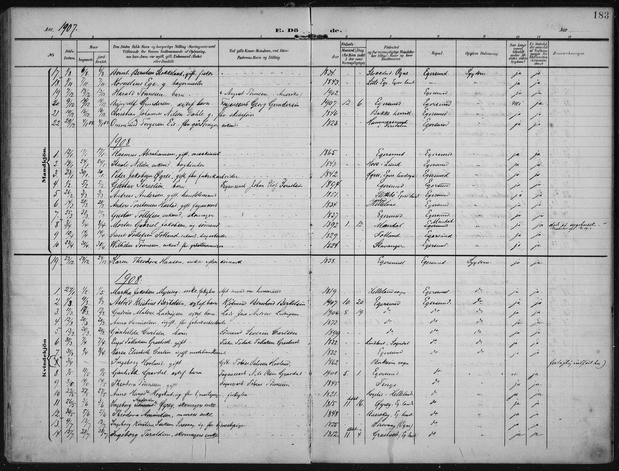 Eigersund sokneprestkontor, AV/SAST-A-101807/S08/L0022: Parish register (official) no. A 21, 1905-1928, p. 183