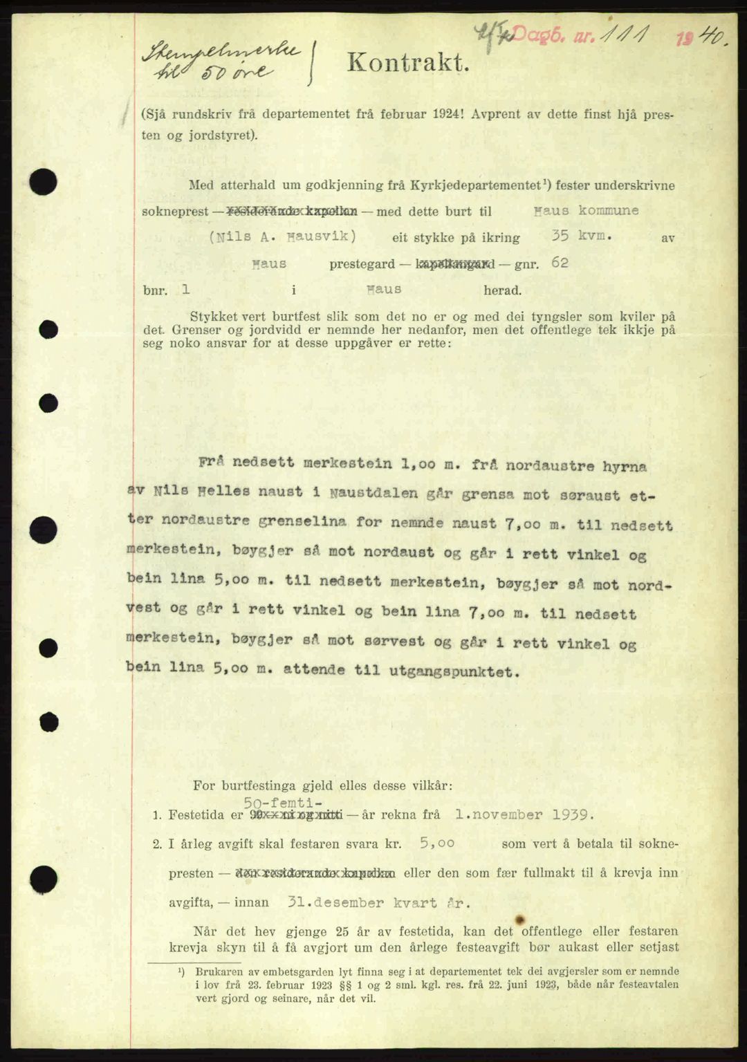 Nordhordland sorenskrivar, SAB/A-2901/1/G/Gb/Gbf/L0010: Mortgage book no. A10, 1939-1940, Diary no: : 111/1940