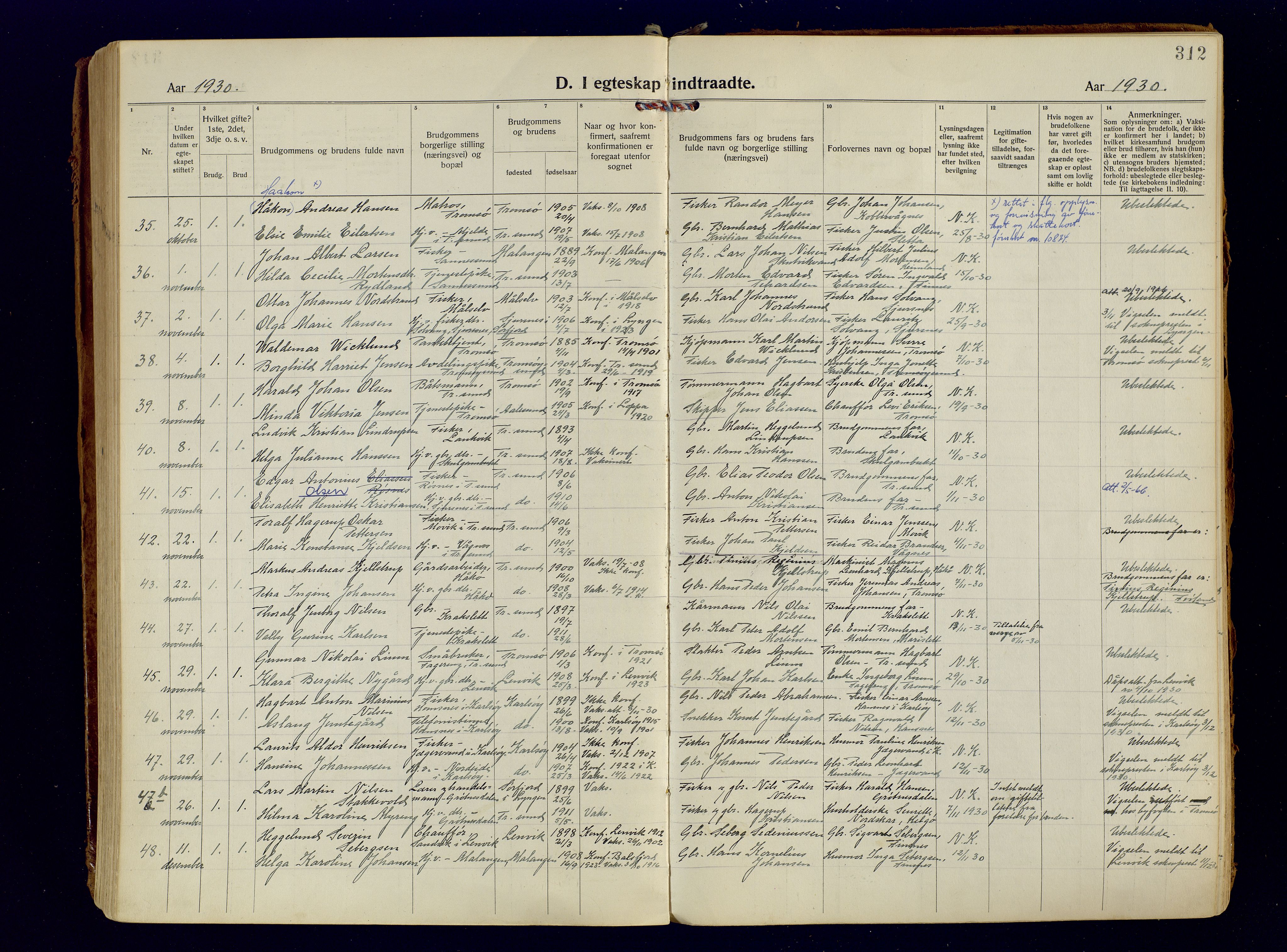 Tromsøysund sokneprestkontor, SATØ/S-1304/G/Ga/L0009kirke: Parish register (official) no. 9, 1922-1934, p. 312