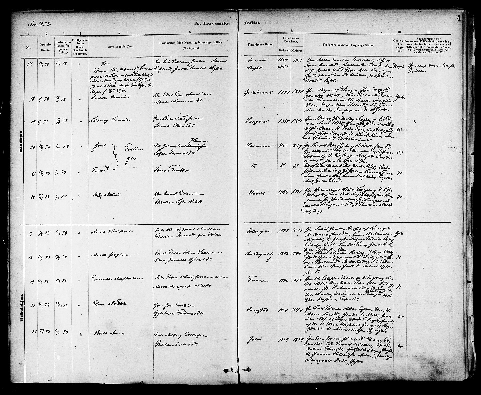 Ministerialprotokoller, klokkerbøker og fødselsregistre - Nord-Trøndelag, AV/SAT-A-1458/714/L0130: Parish register (official) no. 714A01, 1878-1895, p. 4