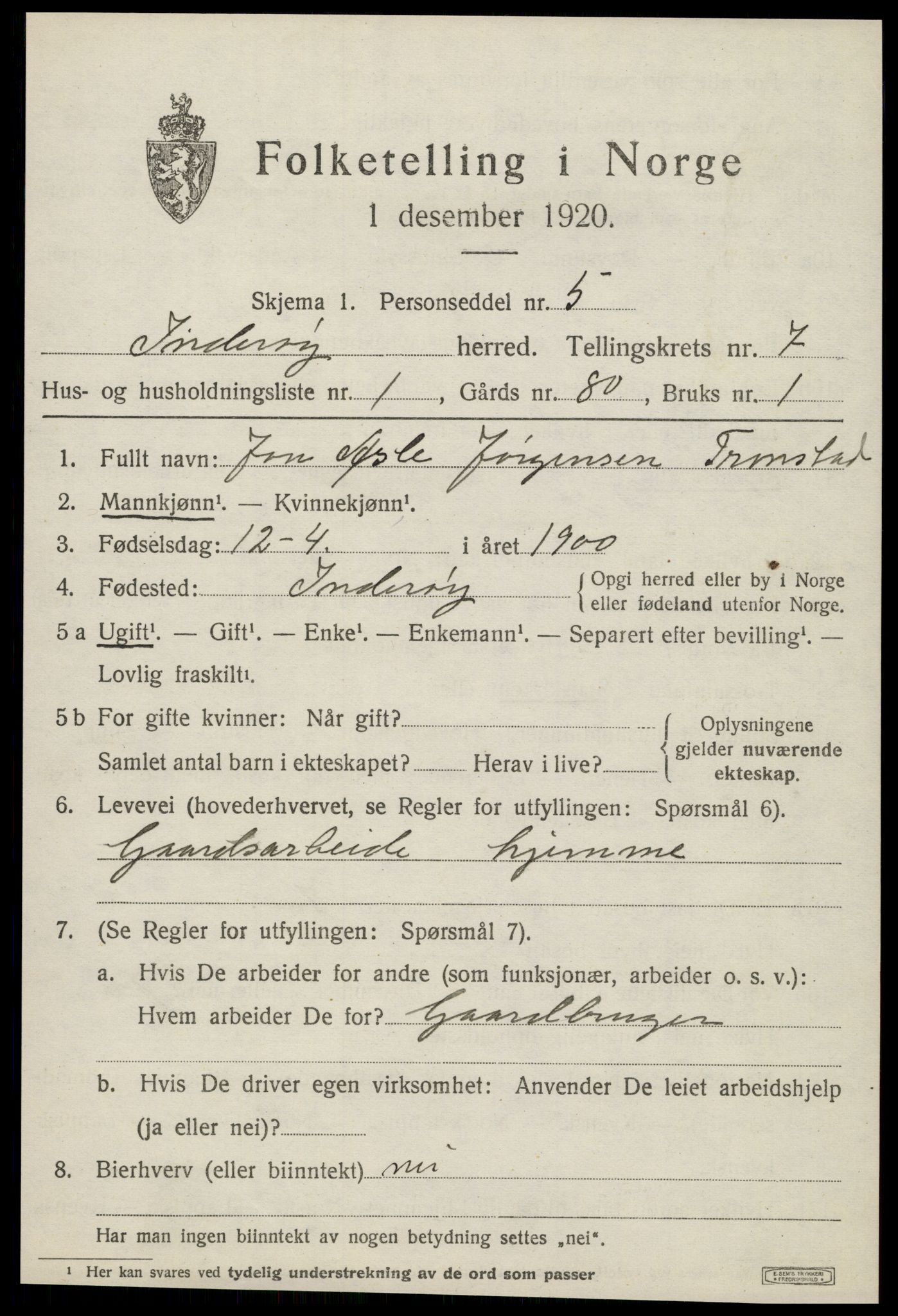 SAT, 1920 census for Inderøy, 1920, p. 5095