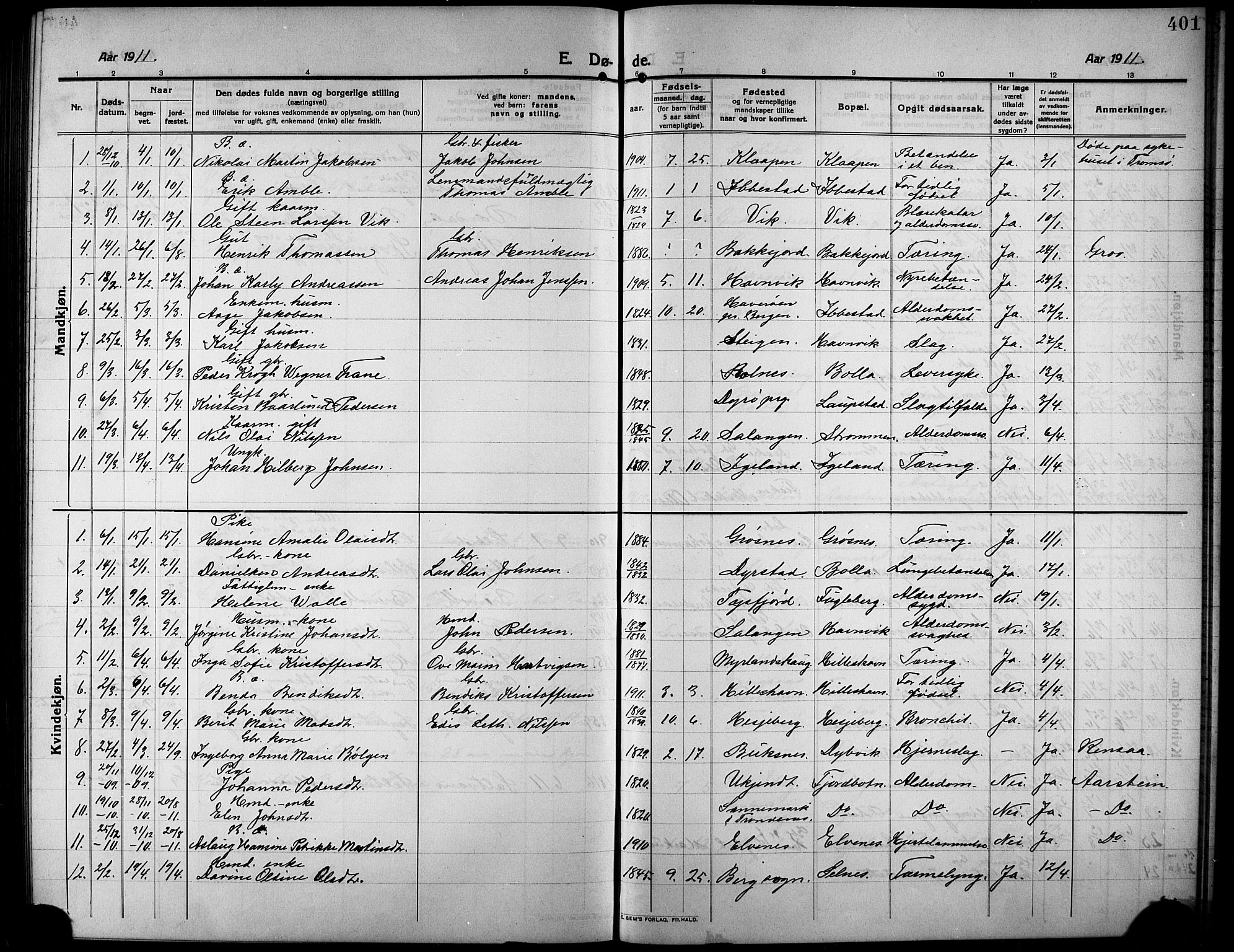 Ibestad sokneprestembete, SATØ/S-0077/H/Ha/Hab/L0009klokker: Parish register (copy) no. 9, 1902-1914, p. 401