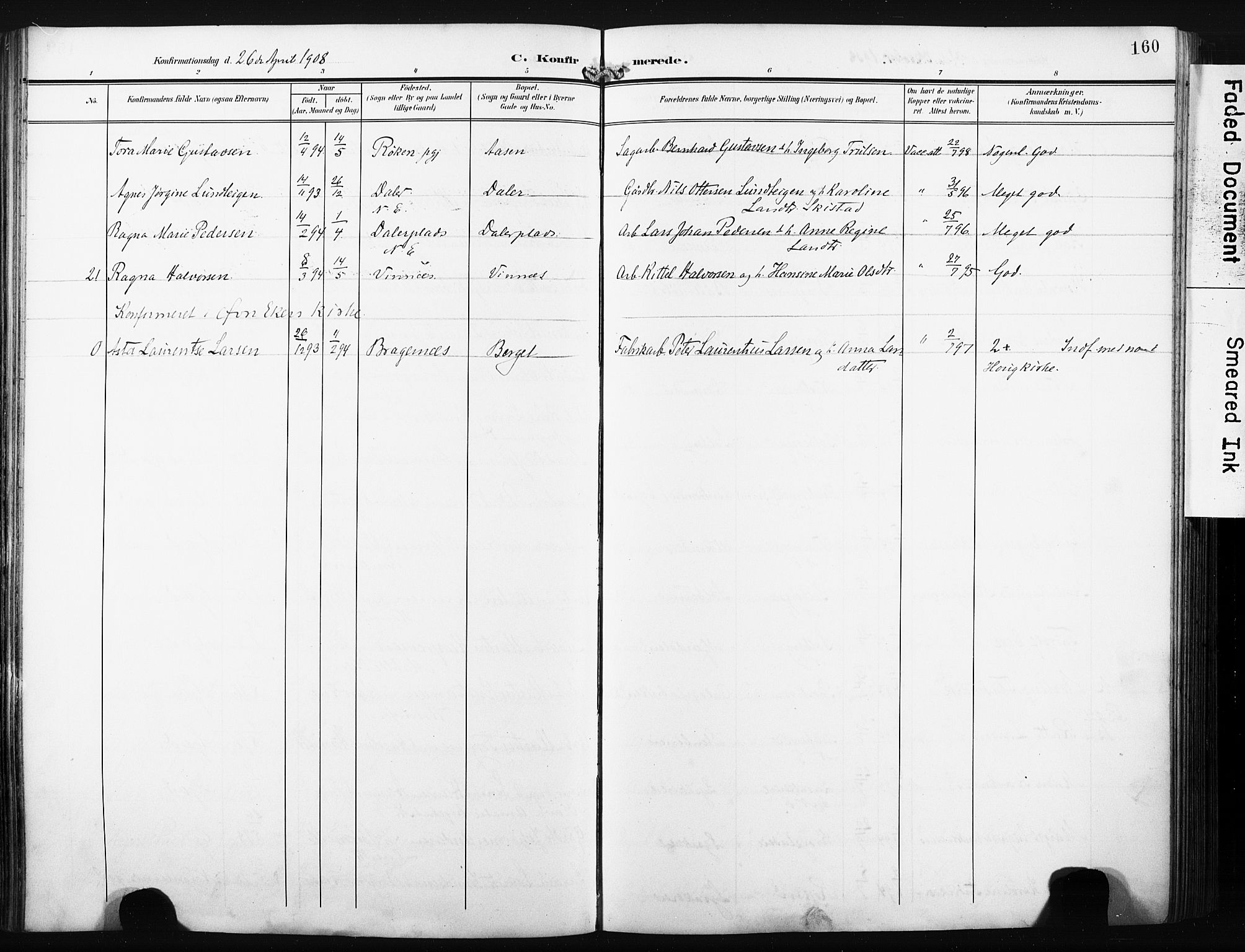 Nedre Eiker kirkebøker, AV/SAKO-A-612/F/Fa/L0006: Parish register (official) no. 6, 1906-1912, p. 160