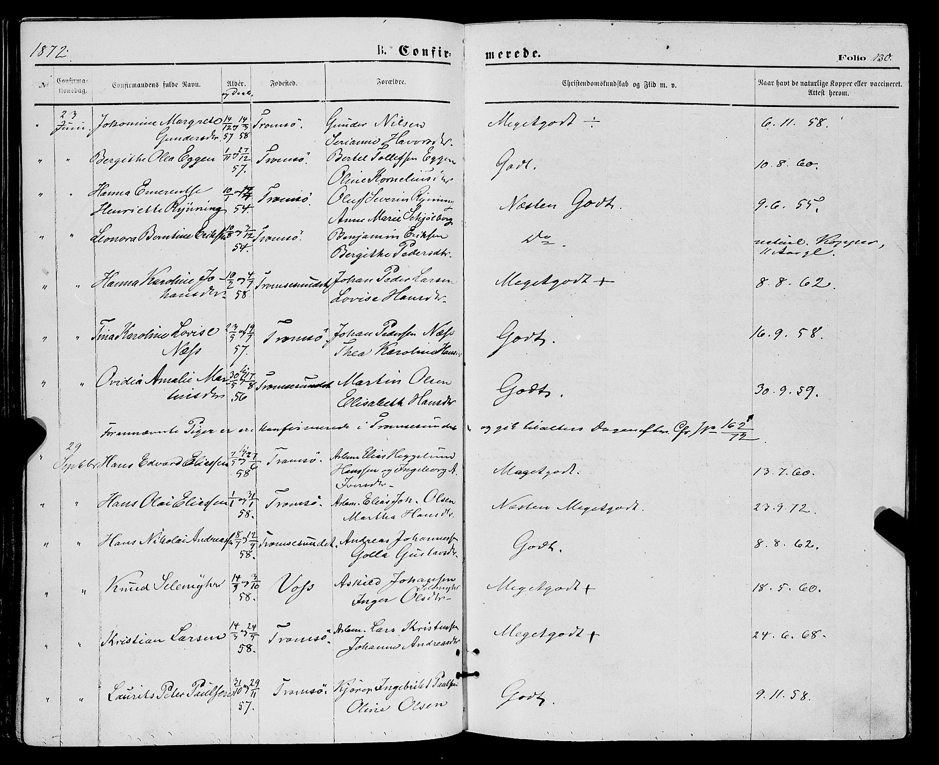 Tromsø sokneprestkontor/stiftsprosti/domprosti, SATØ/S-1343/G/Ga/L0013kirke: Parish register (official) no. 13, 1872-1877, p. 130