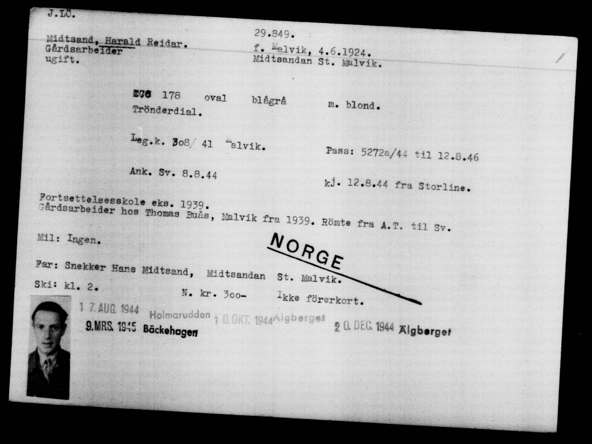 Utenriksstasjonene, Legasjonen i Stockholm, Flyktningkontoret, AV/RA-S-6753/V/Va/L0012: Kjesäterkartoteket, flyktninger med registreringsnr. 28300-31566, 1940-1945, p. 1704