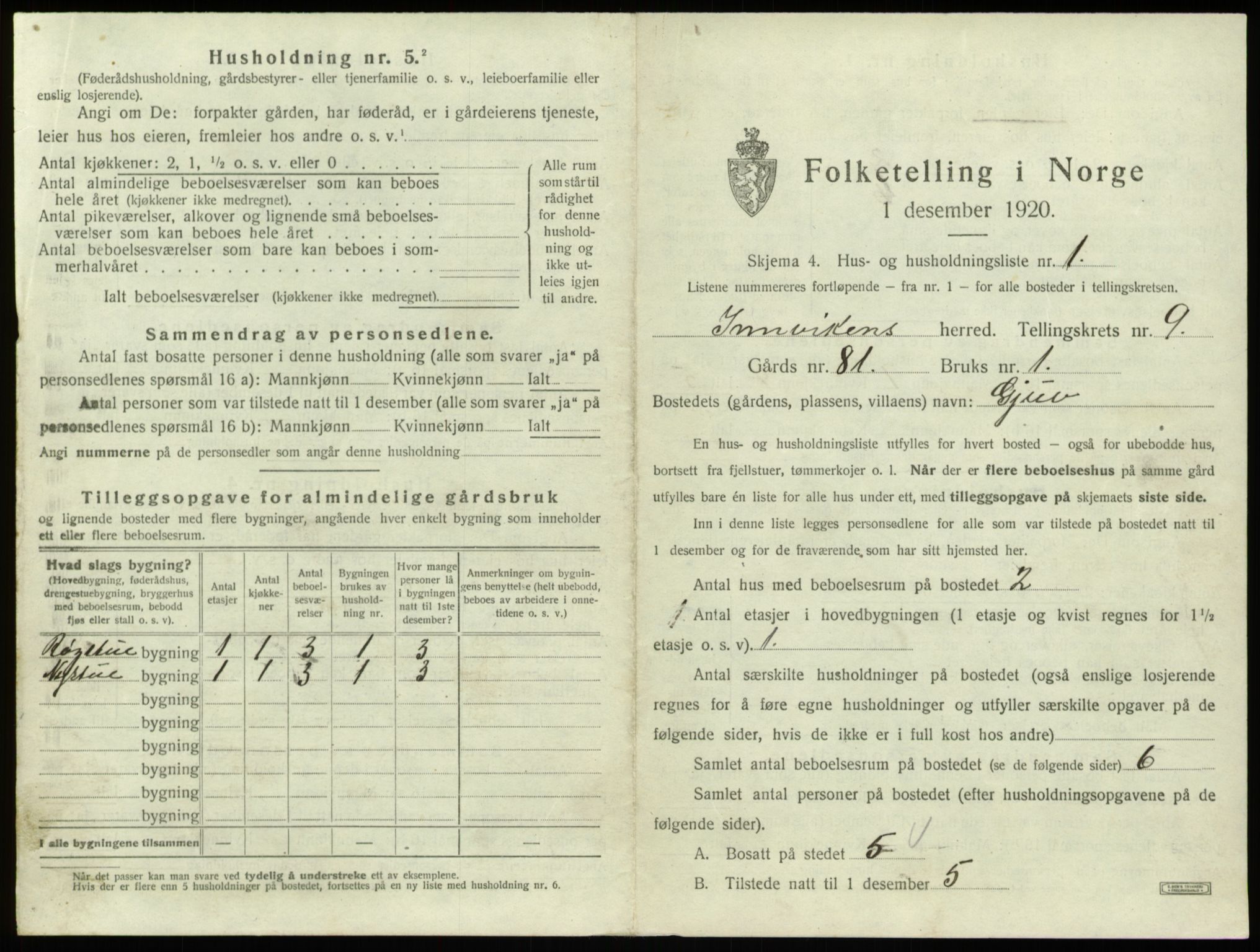 SAB, 1920 census for Innvik, 1920, p. 537