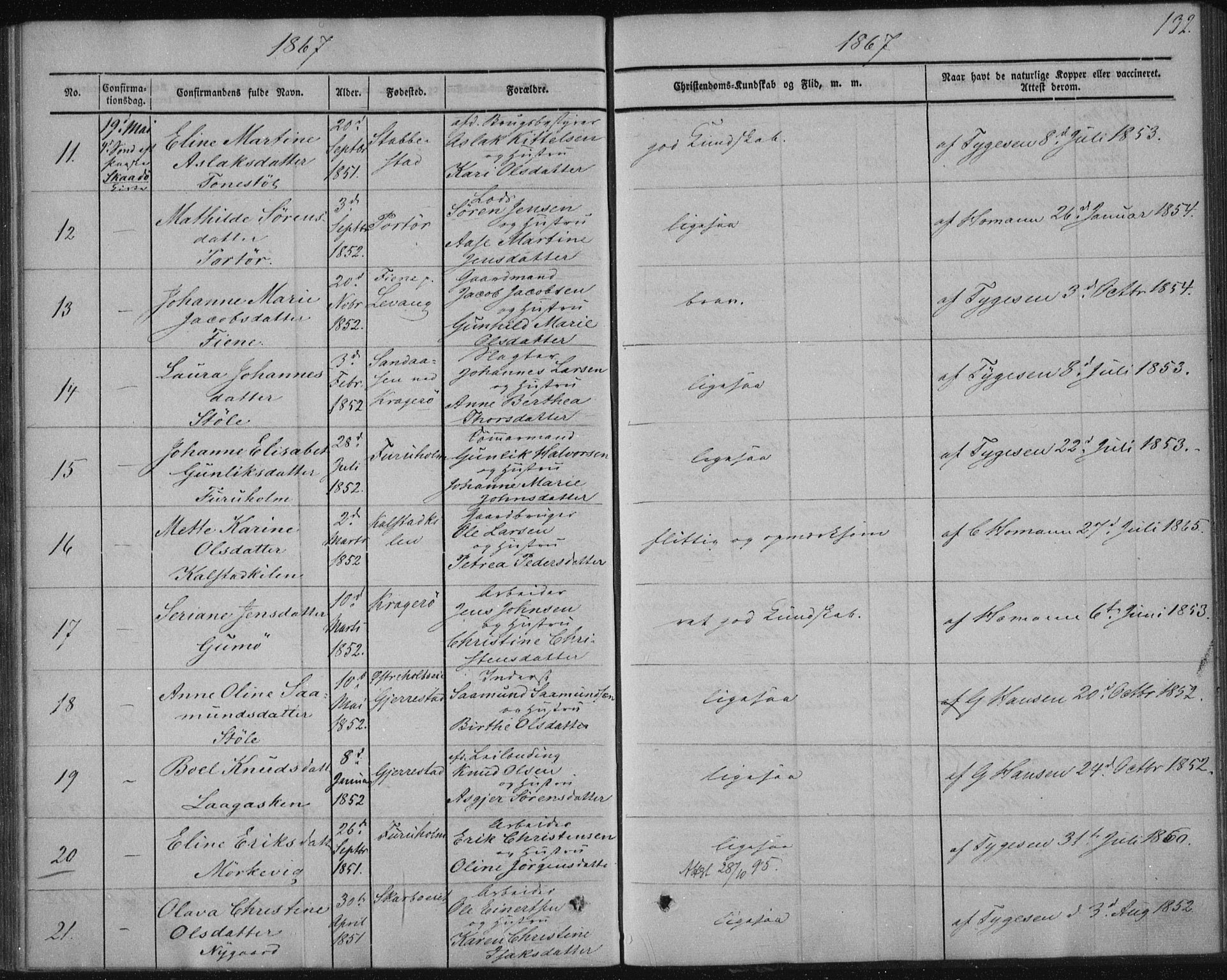 Sannidal kirkebøker, AV/SAKO-A-296/F/Fa/L0009: Parish register (official) no. 9, 1855-1873, p. 132