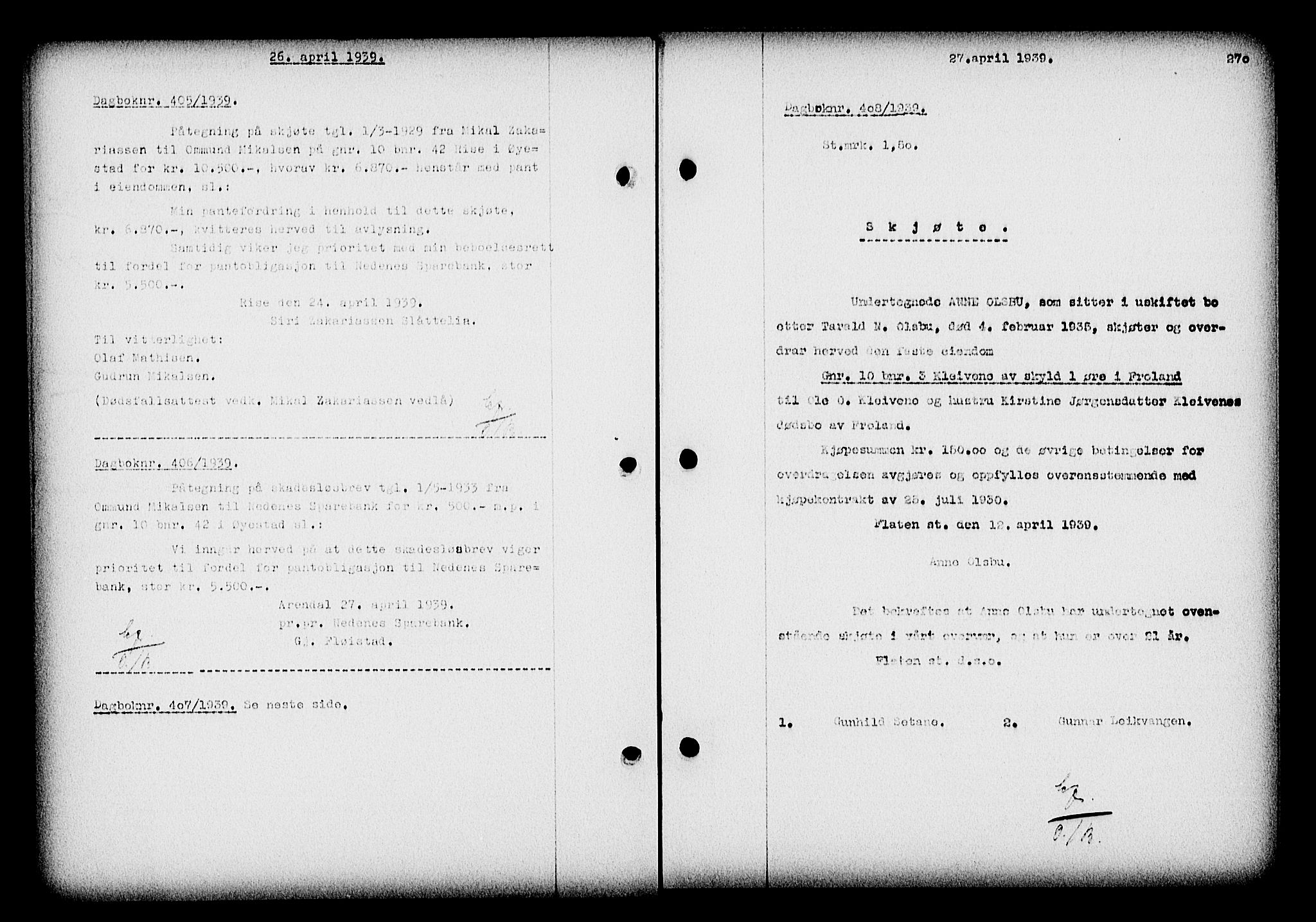 Nedenes sorenskriveri, SAK/1221-0006/G/Gb/Gba/L0046: Mortgage book no. 42, 1938-1939, Diary no: : 408/1939
