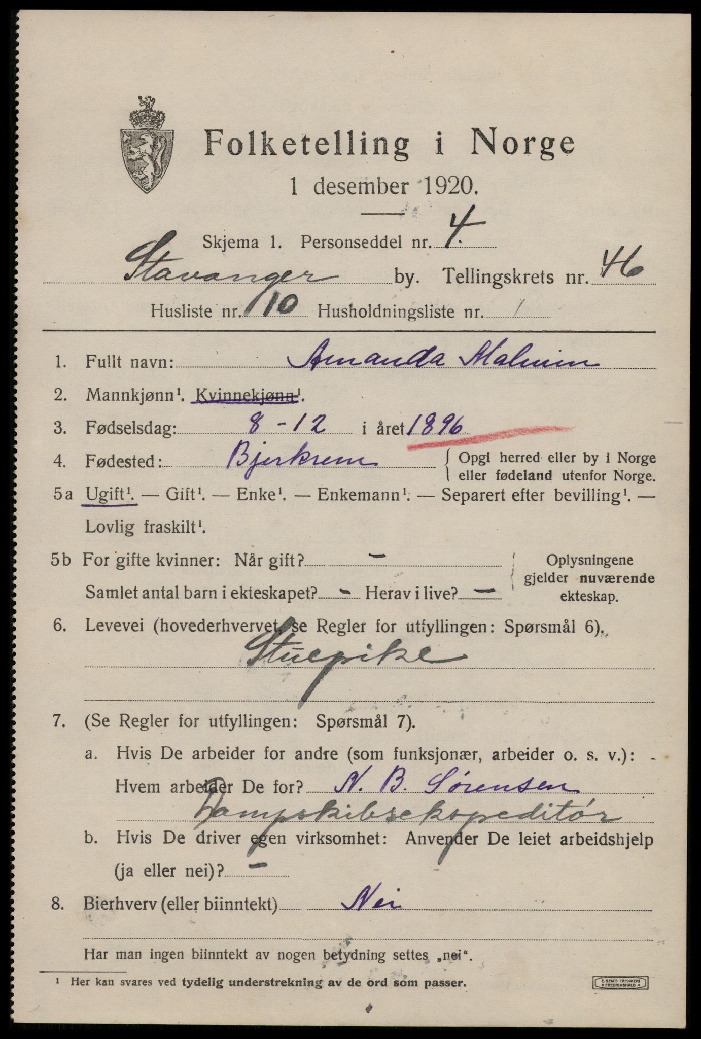 SAST, 1920 census for Stavanger, 1920, p. 112490