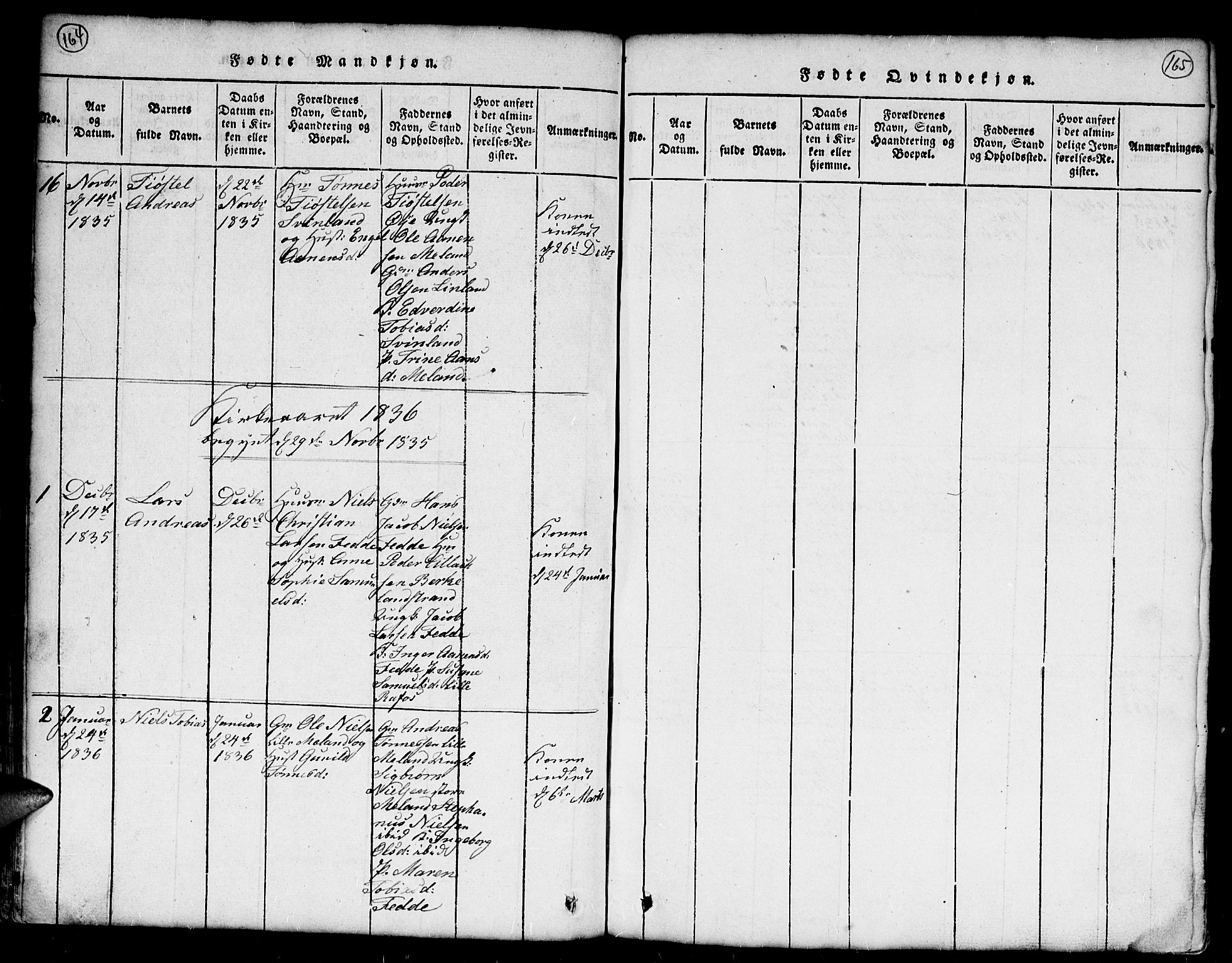 Kvinesdal sokneprestkontor, SAK/1111-0026/F/Fb/Fba/L0001: Parish register (copy) no. B 1, 1815-1839, p. 164-165