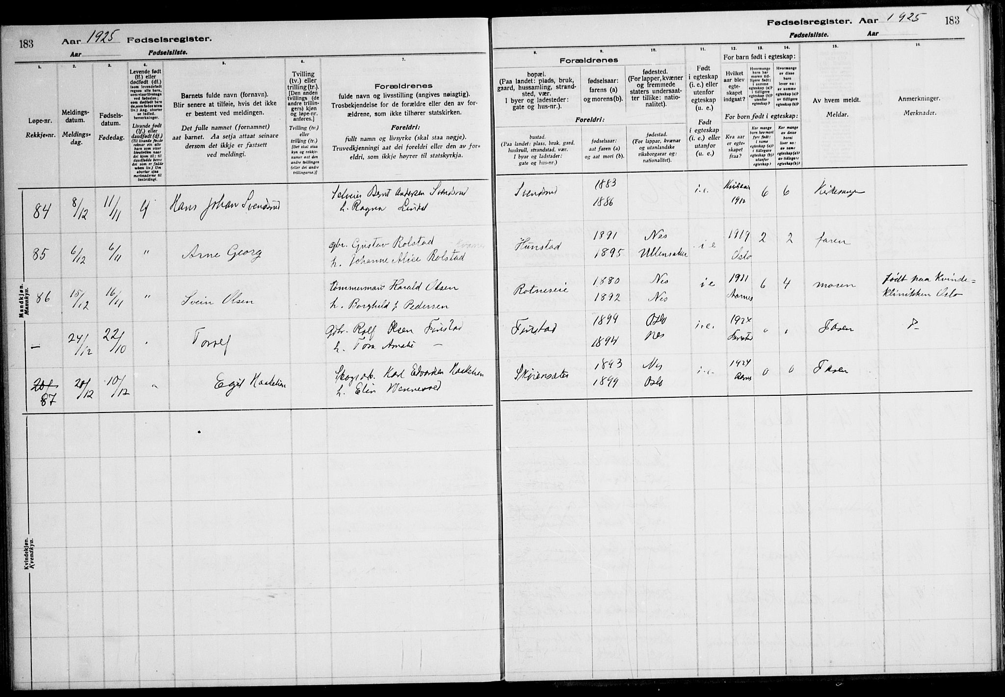 Nes prestekontor Kirkebøker, AV/SAO-A-10410/J/Ja/L0001: Birth register no. 1, 1916-1926, p. 183