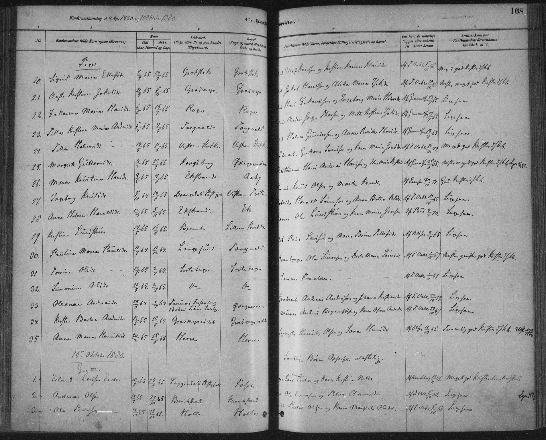 Bamble kirkebøker, SAKO/A-253/F/Fa/L0007: Parish register (official) no. I 7, 1878-1888, p. 168