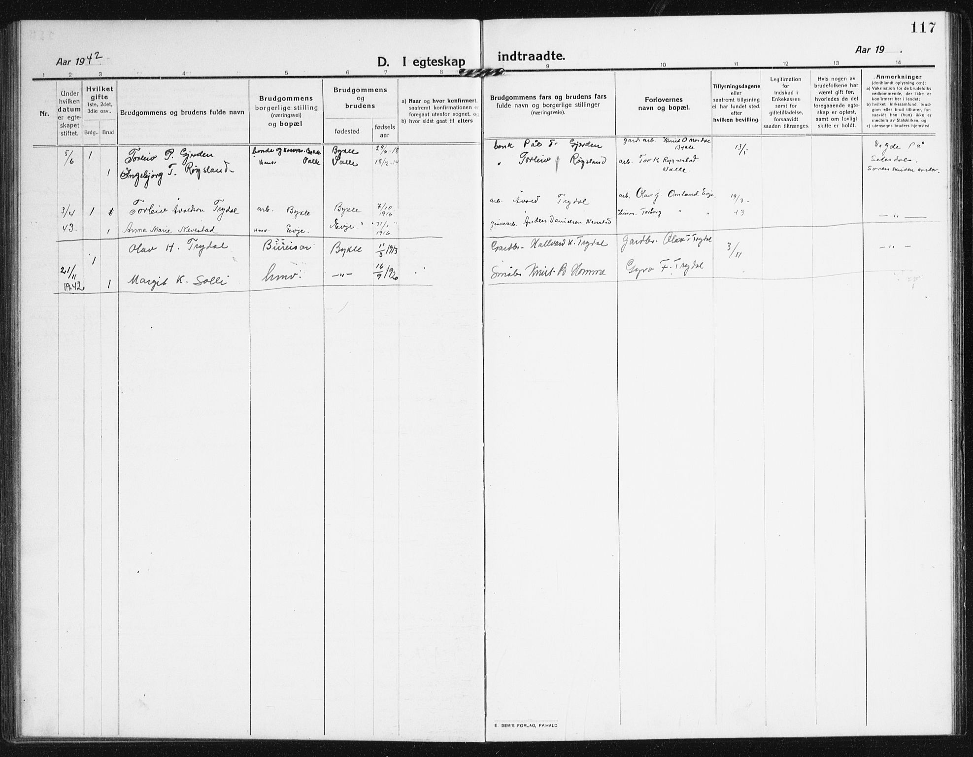 Valle sokneprestkontor, SAK/1111-0044/F/Fb/Fba/L0004: Parish register (copy) no. B 4, 1917-1944, p. 117